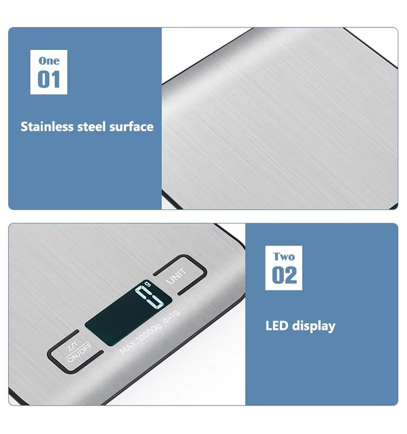 Versa Essentials Digital Kitchen Scale with LCD Display, 10Kg/1G Stainless Steel Kitchen Scale for Food Cooking Coffee Baking, Waterproof Surface and Tare Function, Batteries Included image number 6