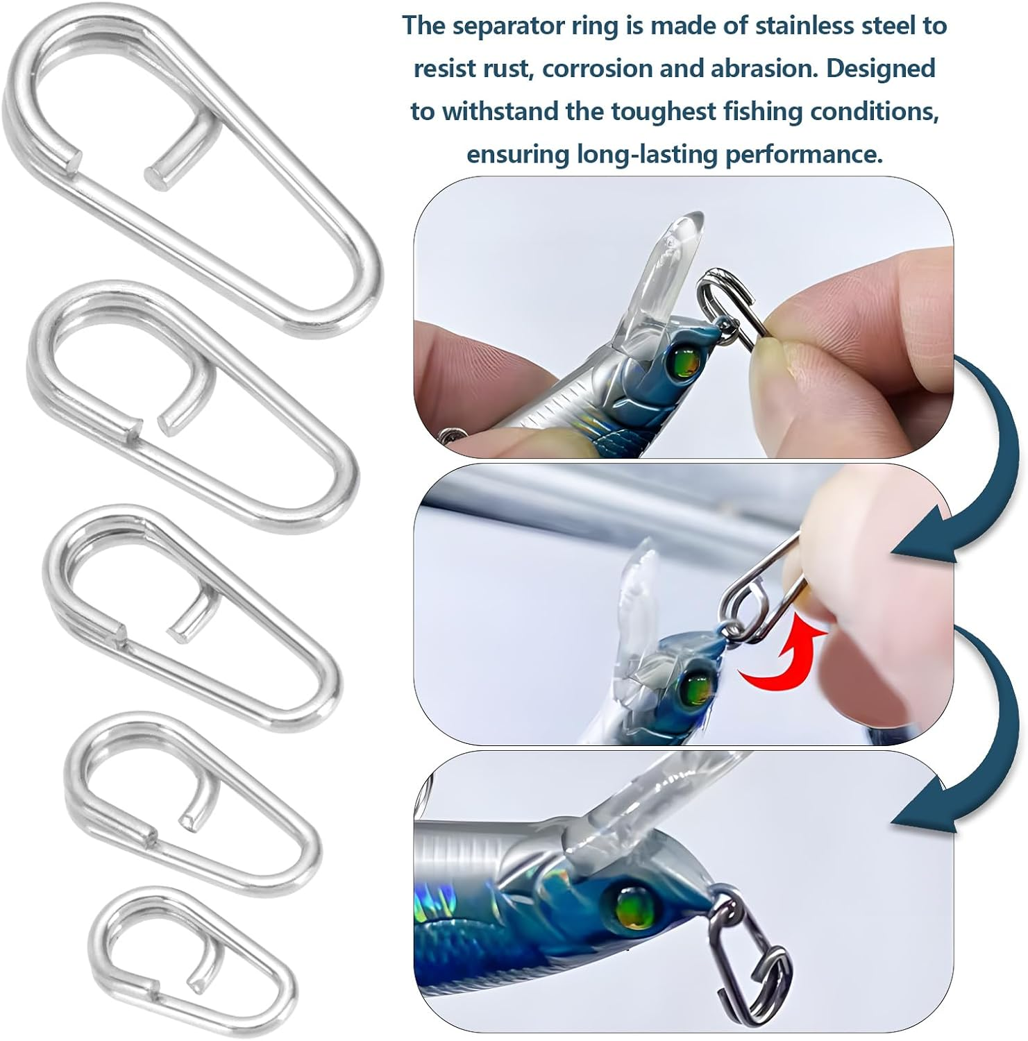 Emagtech 50Pcs Stainless Steel Split Rings Links Quick Change Fishing Clips 10Mm 13Mm 16Mm 18Mm 21Mm Lure Clips Connector Fishing Tackle for Lures Cod Mackerel