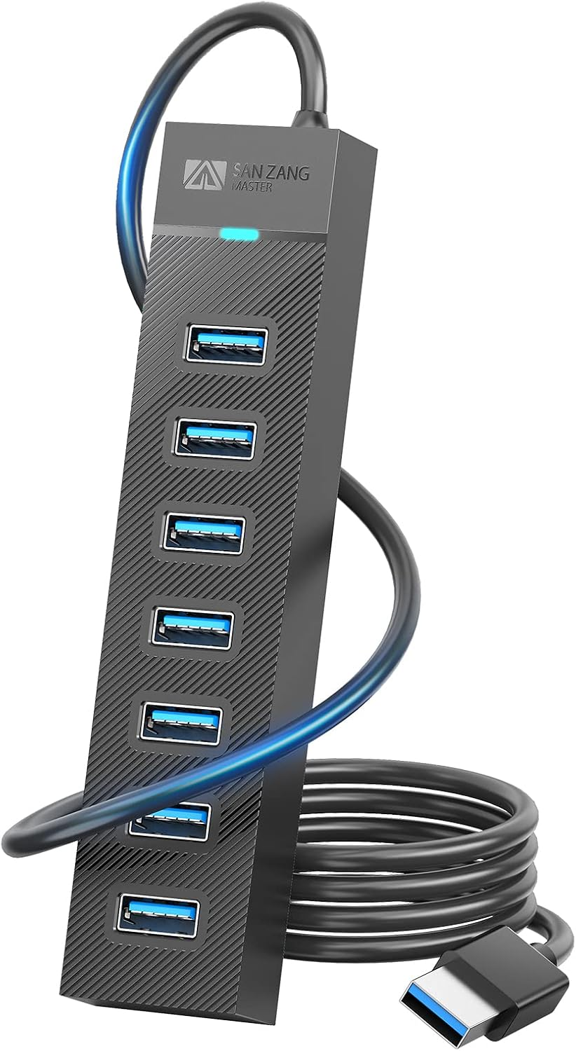 SAN Zang 7 Port USB Hub, USB 3.0 Hub with 100Cm Cable, USB Distributor with 5V/3A Power Supply Port, Data Hub for Laptop, Macbook Pro/Mini, PS, Mobile HDD, Printer, Camera and More, without Power image number 1