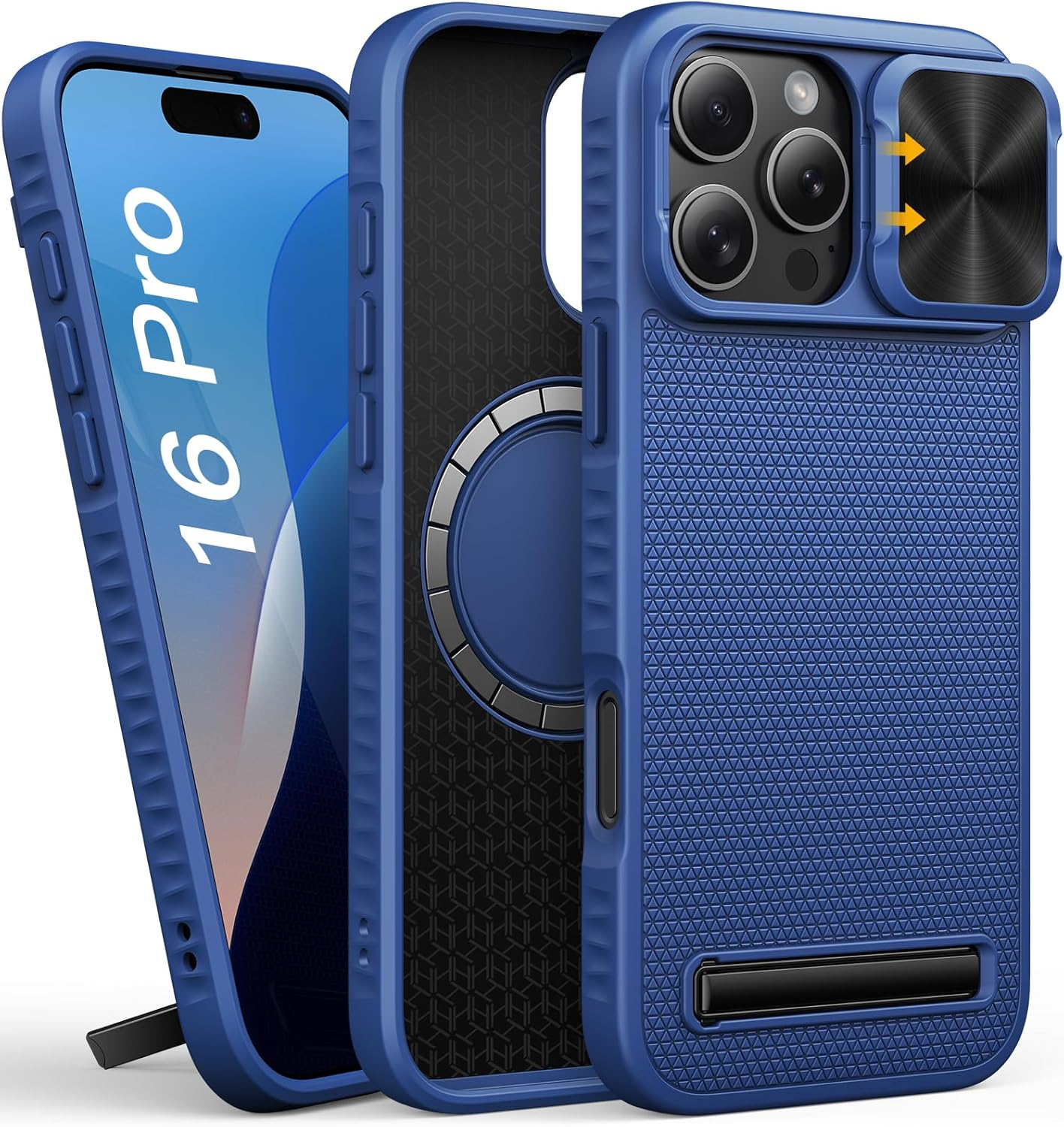 For Iphone 16 Pro Case with Stand, Slide Camera Cover, Compatible with Magsafe, Military-Grade Protection, Slim Rugged Shockproof Silicone Men Women Magnetic Phone Case for Iphone 16 Pro, Blue