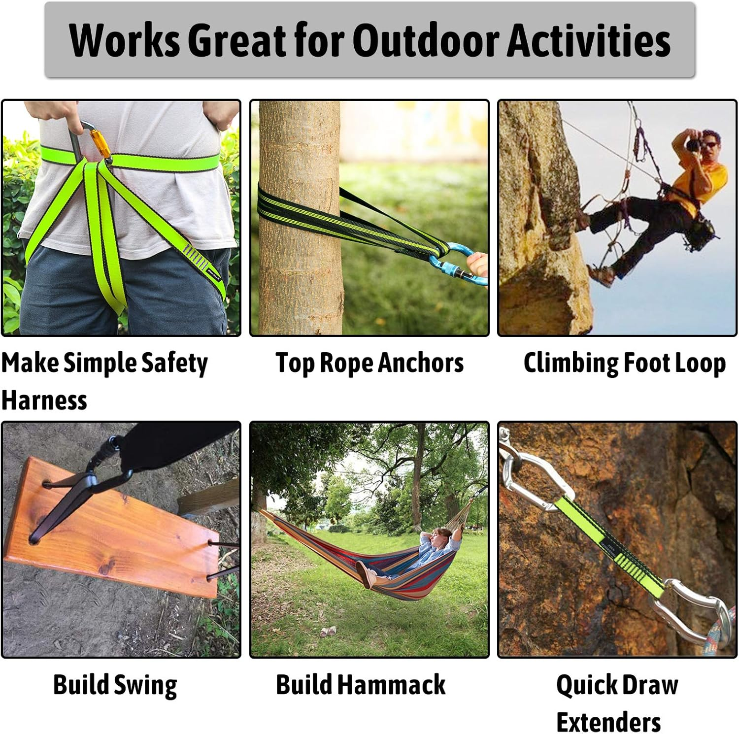 KIKIGOAL 18MM Nylon Climbing Sling Runner 23KN CE2008/EN566 Rock Climbing Webbing Straps for Outdoor Climbing, Rappelling, Swing, Yoga Hammock Etc (60 CM/24 Inch, 3PCS GREEN) image number 3