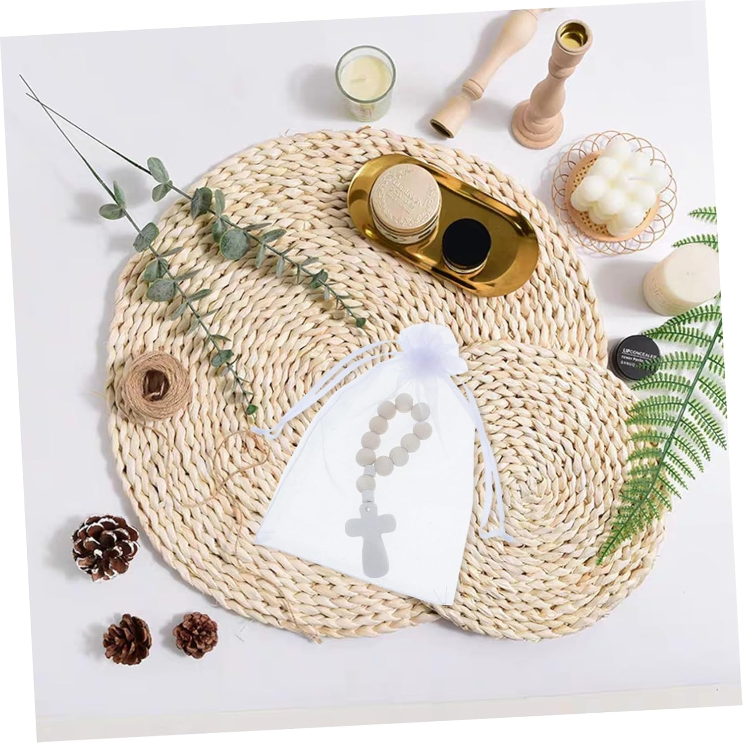 Homoyoyo 40Sets Wooden Rosary Beads Mesh Bags for Baptism Prayer Christian Party Favors Small Rosary Mesh Bags Religious Prayer image number 2