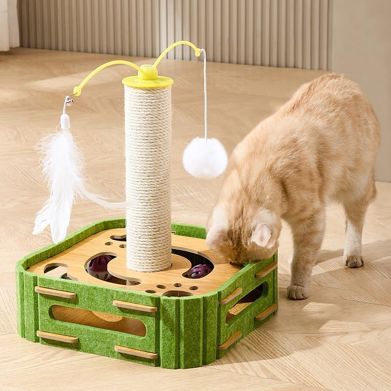 Cat Scratcher with Sisal Post and Interactive Maze Box &ndash; Rotating Teaser Wand, Wooden Base + Felt Material Puzzle Toy for Indoor Cats Play, Base Size 11.8"*11.8" (30 * 30Cm) Height 13.5" (35Cm) image number 1