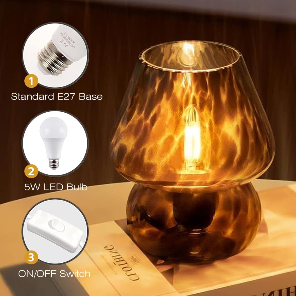 Clora Bedside Table Lamp Set of 2 Glass Mushroom Lamp with 3 Color Temperatures, Small Nightstand Lamp 5W LED Bulb Included Murano Style Cute Home Decor for Living Room Bedroom Office (Amber) image number 1