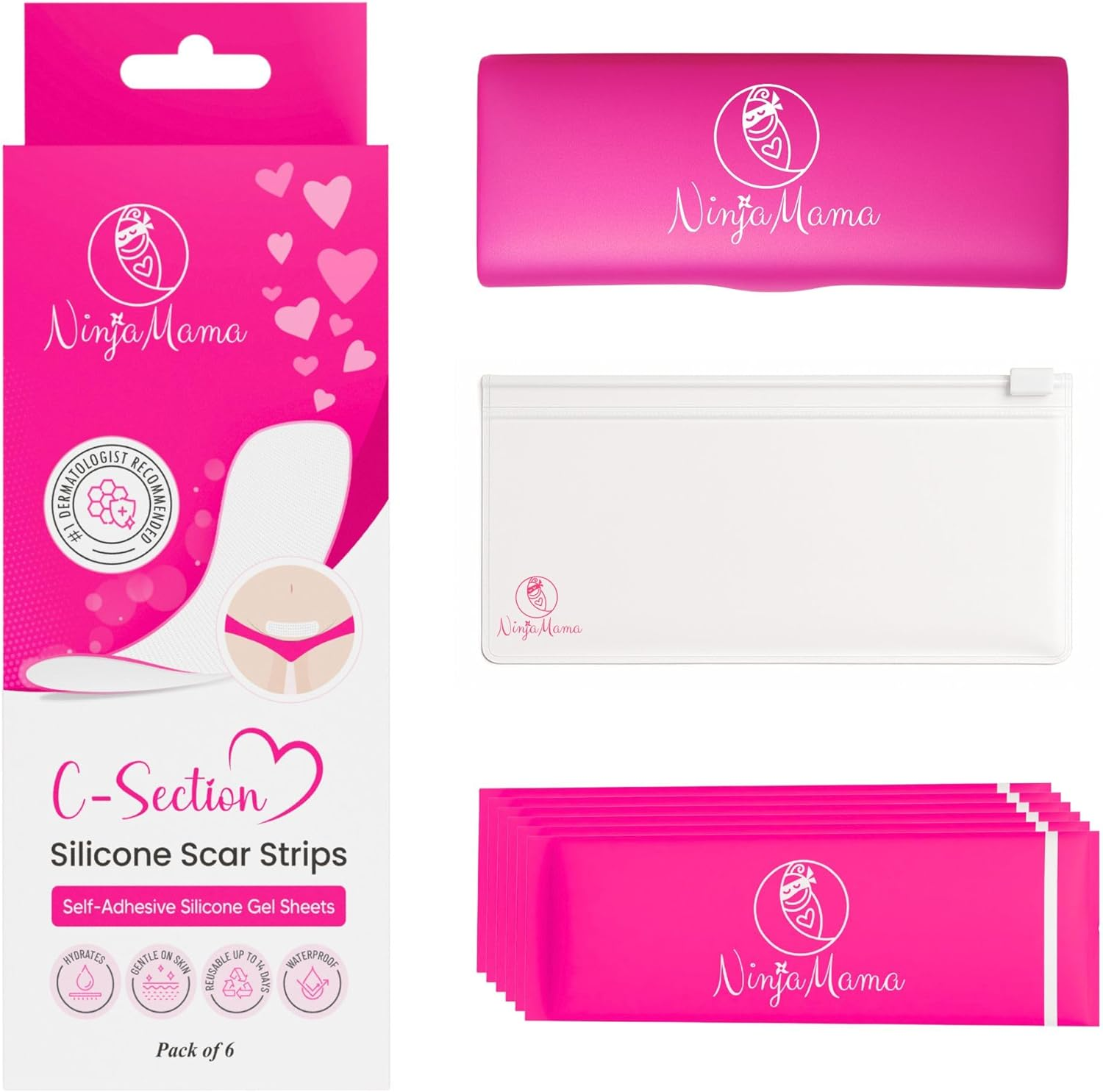 Ninja Mama Pack of 6 C-Section Silicone Scar Strips. C Section Recovery Must Have Transparent Scar Patches, 20Cm X 5Cm Reusable for C-Section. Includes Keep Clean Case & Pouch