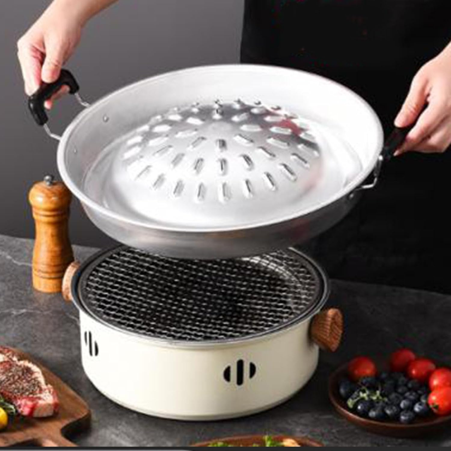 Aluminum Steak Charcoal Coal Pan, Traditional Thai Taste, Double Cooking, Wide Use with Quick Cooking for Family Reunions Outdoors, (L) image number 2