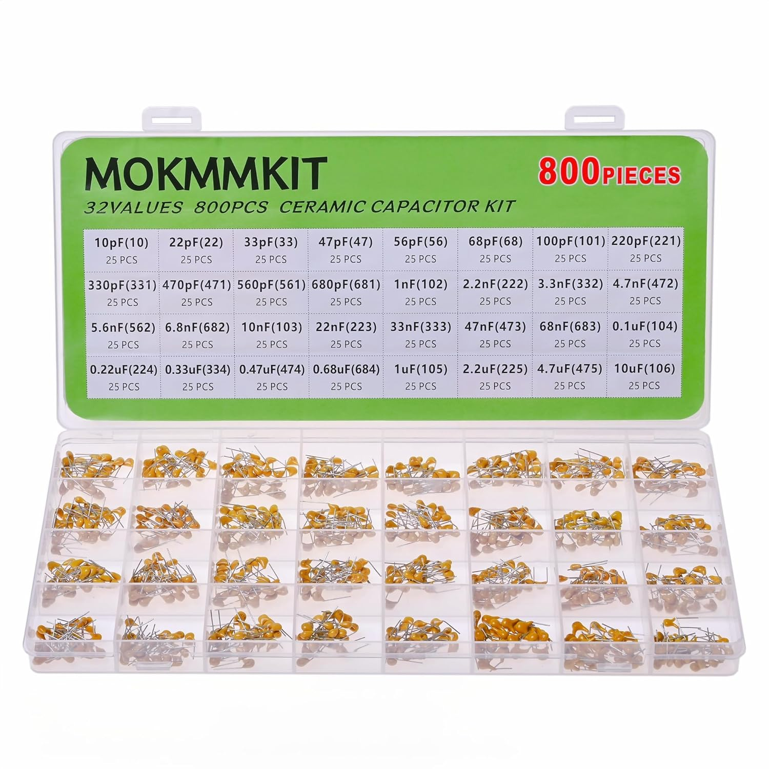 MOKMMKIT 32 Values 800 Pieces Ceramic Capacitor Assortment Kit Capacitors from 10Pf to 10Uf 50V Multilayer Monolithic Capacitor image number 3