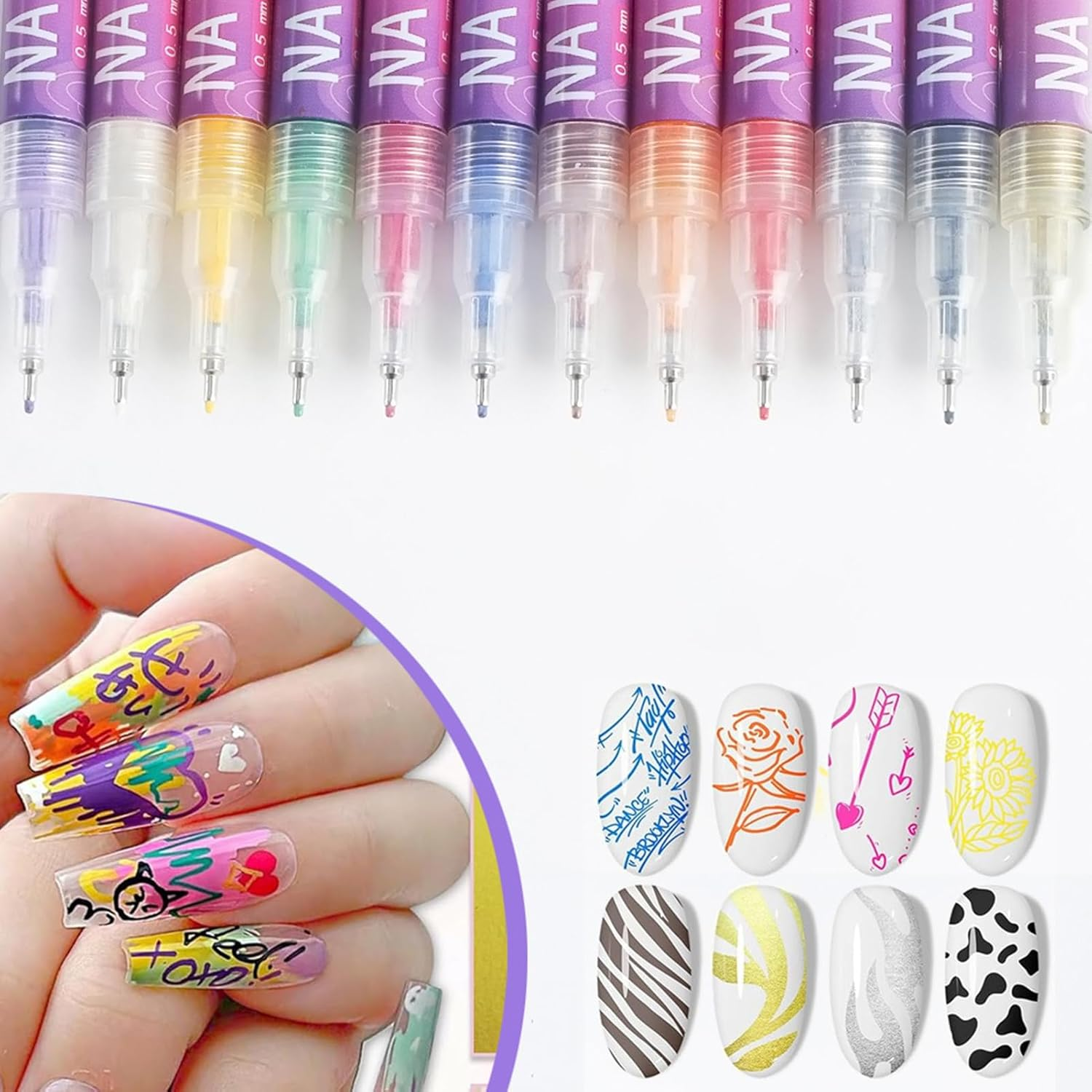12 Colors Nail Arts Pens Set, Acrylic Nail Paint Pens Kit Quick Drying, 3D Gel Nails Polish Pen, Nails Art Drawing Pen, Fine Tip Graffiti Dotting Waterproof Nailpolish Drawing Kit for Home, Salon DI.Y