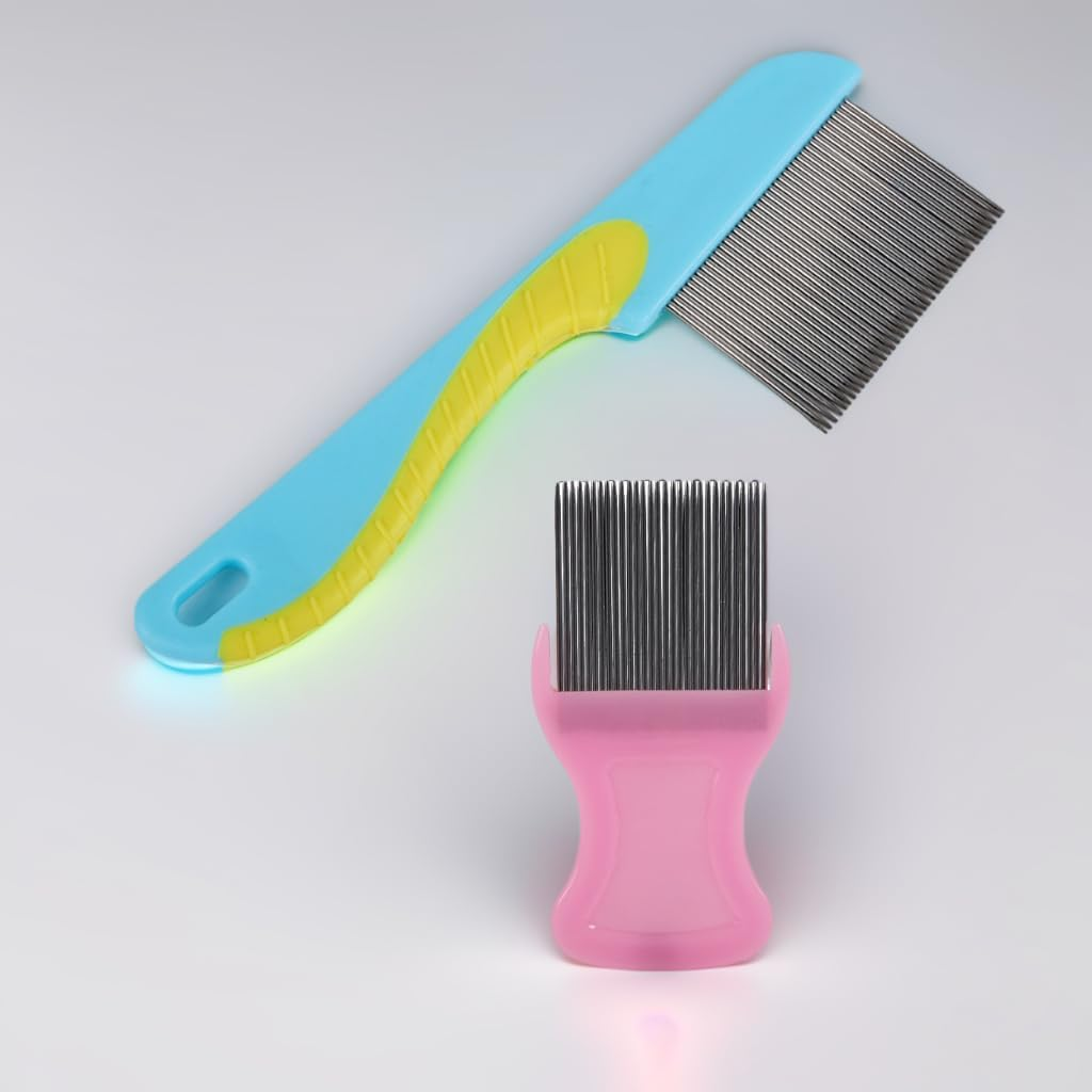 2 Pack Professional Lice Comb Set - Steel Head and Plastic Lice Removal Combs for Children, Adults, Pets, Dogs with Long Thick Hair (Green+Rose Red)