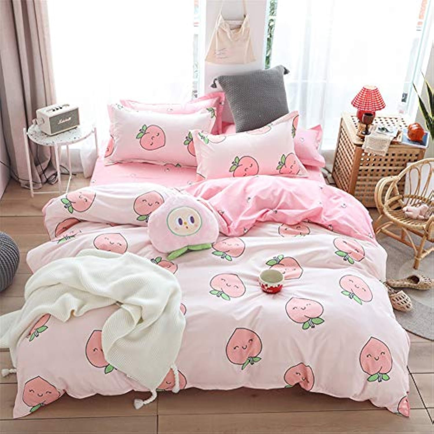 Meiju Duvet Cover Set 3 Pieces, Single Quilt Cover & Pillowcases of Peach Fruit Print Microfibre Kawaii Pale Pink Reversible Breathable Bedding Set Zip Design(Cute Peaches,135X200Cm) image number 6