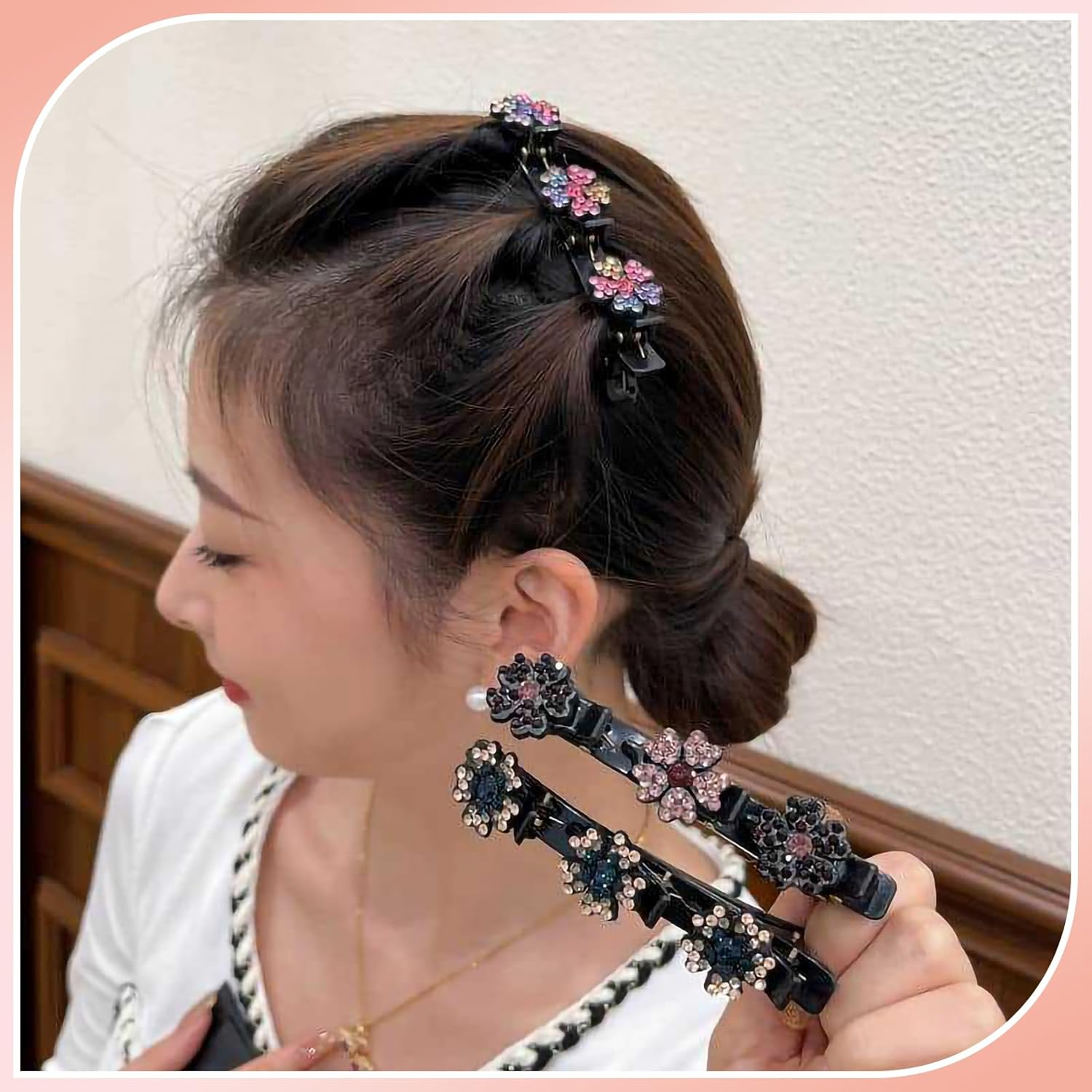 Pqkl-Party Women'S Hair Clips, Hair Clip with Crystal Flower, Crystal Stone Hair Clips with 3 Mini Clips, Double Layer Hair Clips, Hair Clips for Styling & Festive image number 2