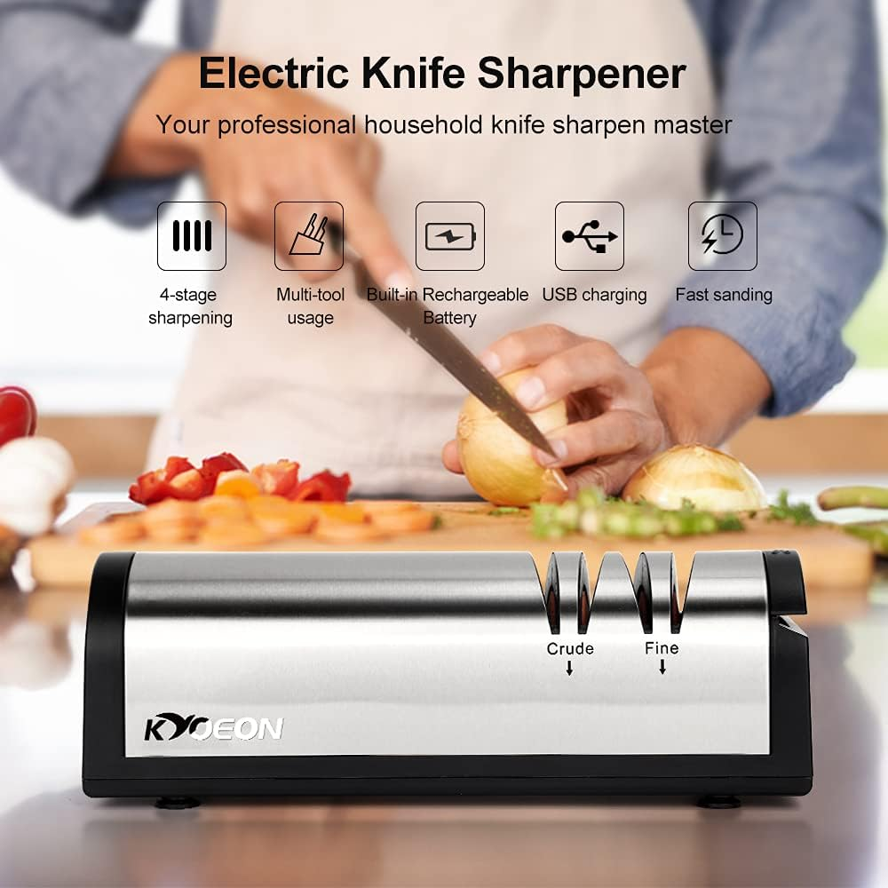 Rechargeable Electric Knife Sharpener, KYOEON Versatile Diamond Hone Professional Knife Sharpener for Straight Edge Knives,Scissors and Slotted Screwdriver,15 Degree 4-Stage(Silver) image number 3