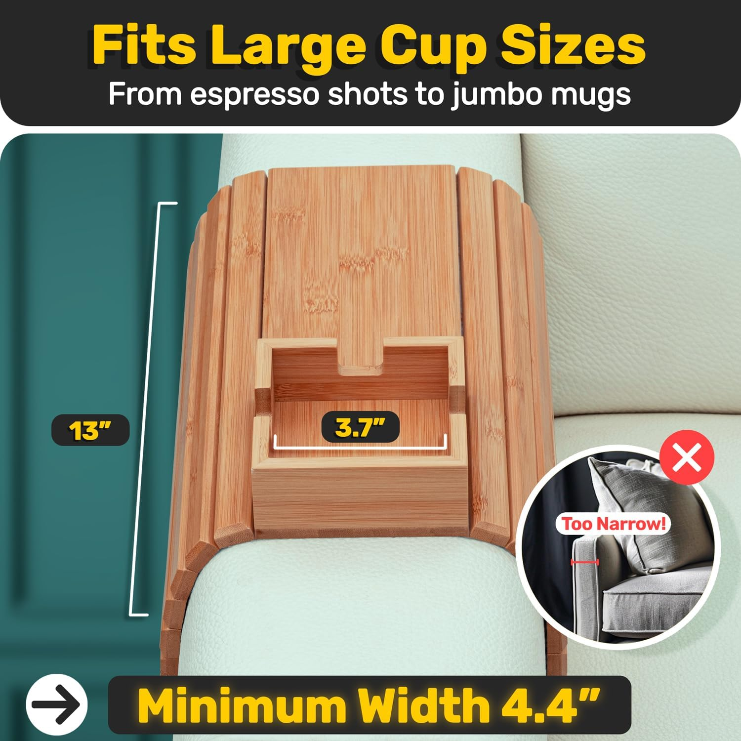 Na*Ya Bamboo Couch Cup Holder - Tray & for Drink Snack, Versatile Sofa Armrest with Portable Arm Table or Loveseat image number 5