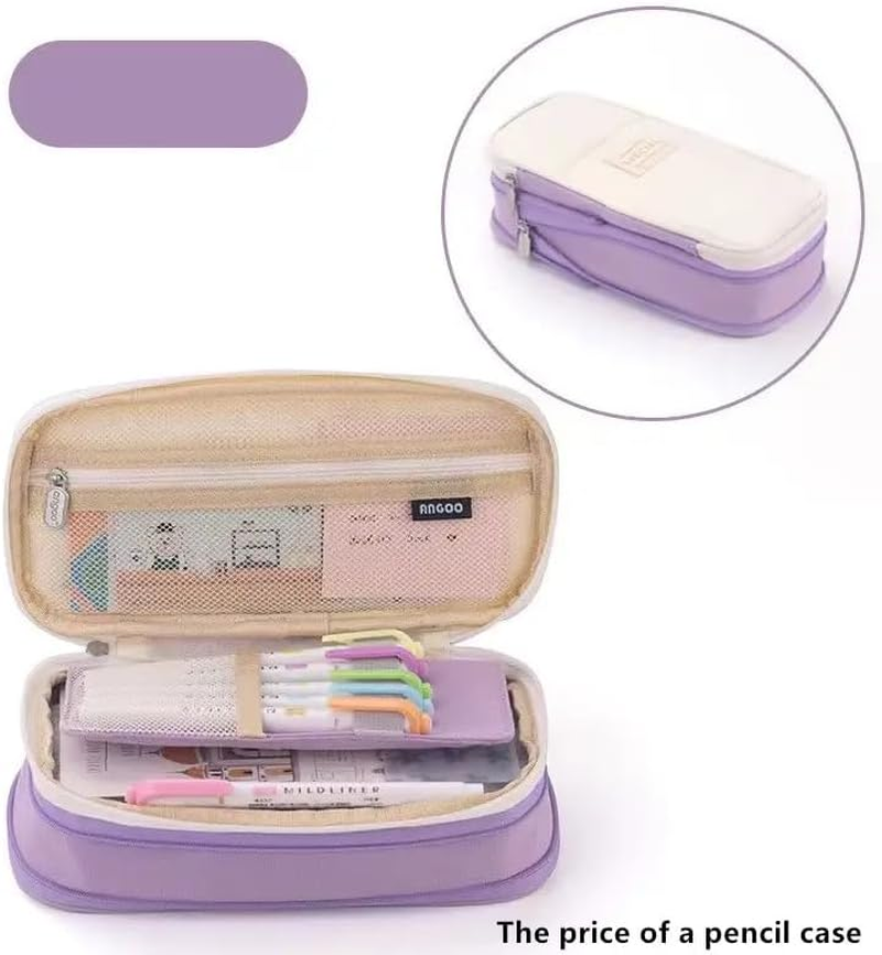Isuperb Pencil Case Large Capacity Student Canvas Pencil Case Storage Bag Double Zipper Pencil Box for School, Dark Purple, Modern Style image number 6