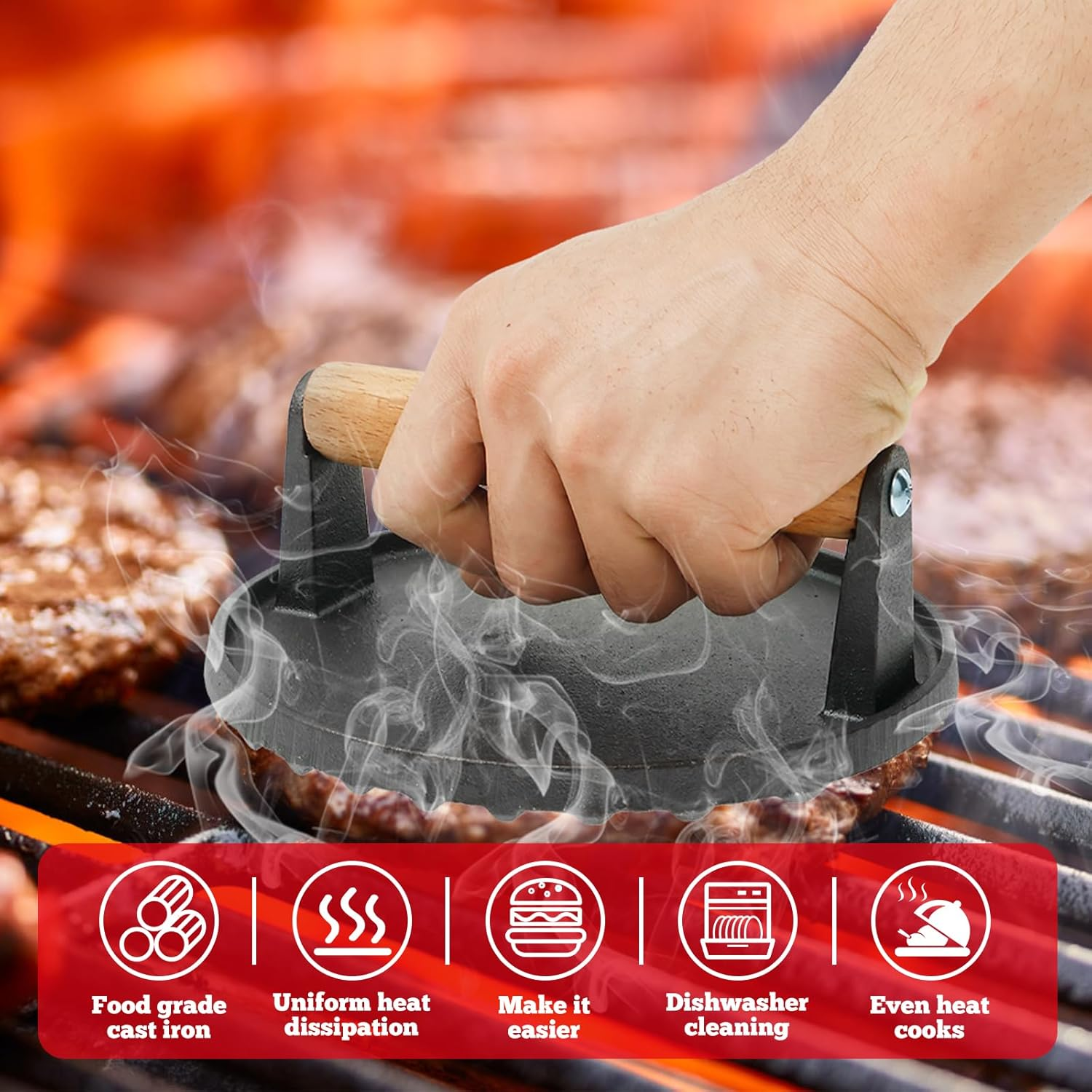 Premium Cast Iron Burger Press, Heavy Duty Hamburger Press W/Heat Resistant Handle, Perfect Burger Press, Meat Press, Bacon Press, for Griddle, Meat Press, BBQ Grilling Accessories image number 2