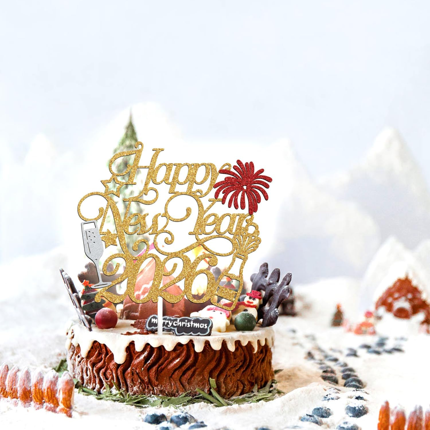 Happy New Year 2025 Cake Topper,Welcome 2025/Cheers to 2025, Happy New Year Night Holiday Party Decorations Supplies, Red and Gold Glitter image number 6