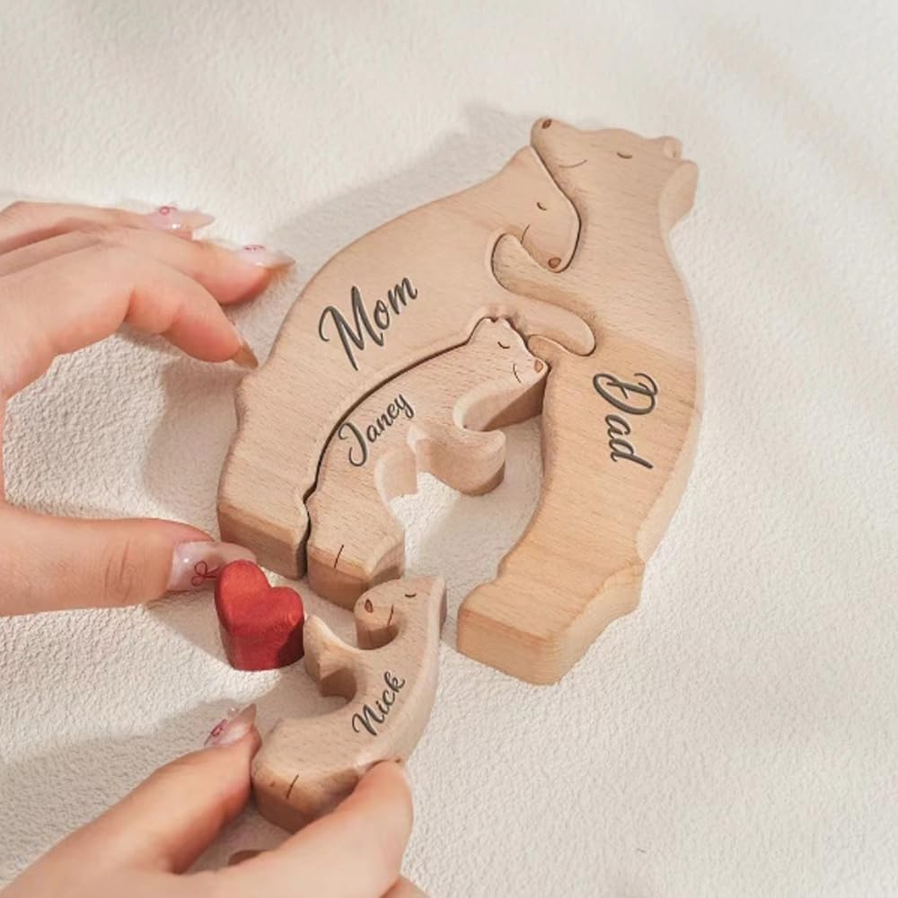 Personalized Wooden Puzzle With,Wood Love Animal Puzzle Decoration,4 Hug Wooden Bear,For Home Decor and Thoughtful Gifts, (Birthday,Christmas, Anniversary Mother Day,Father Day) image number 1