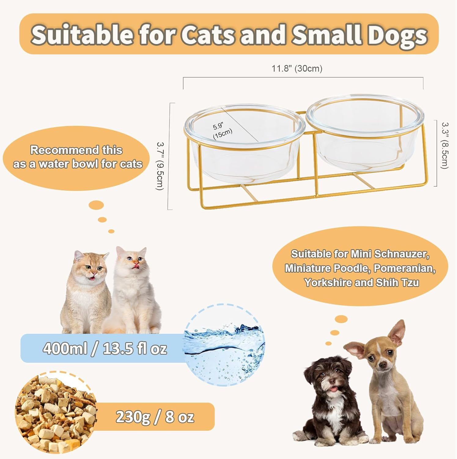 Small Double Elevated Dog Bowls - Raised Dog Bowl - Glass Dog Cat Bowl Set for Food and Water - Pet Comfort Feeding Bowls with Gold Iron Stand image number 6