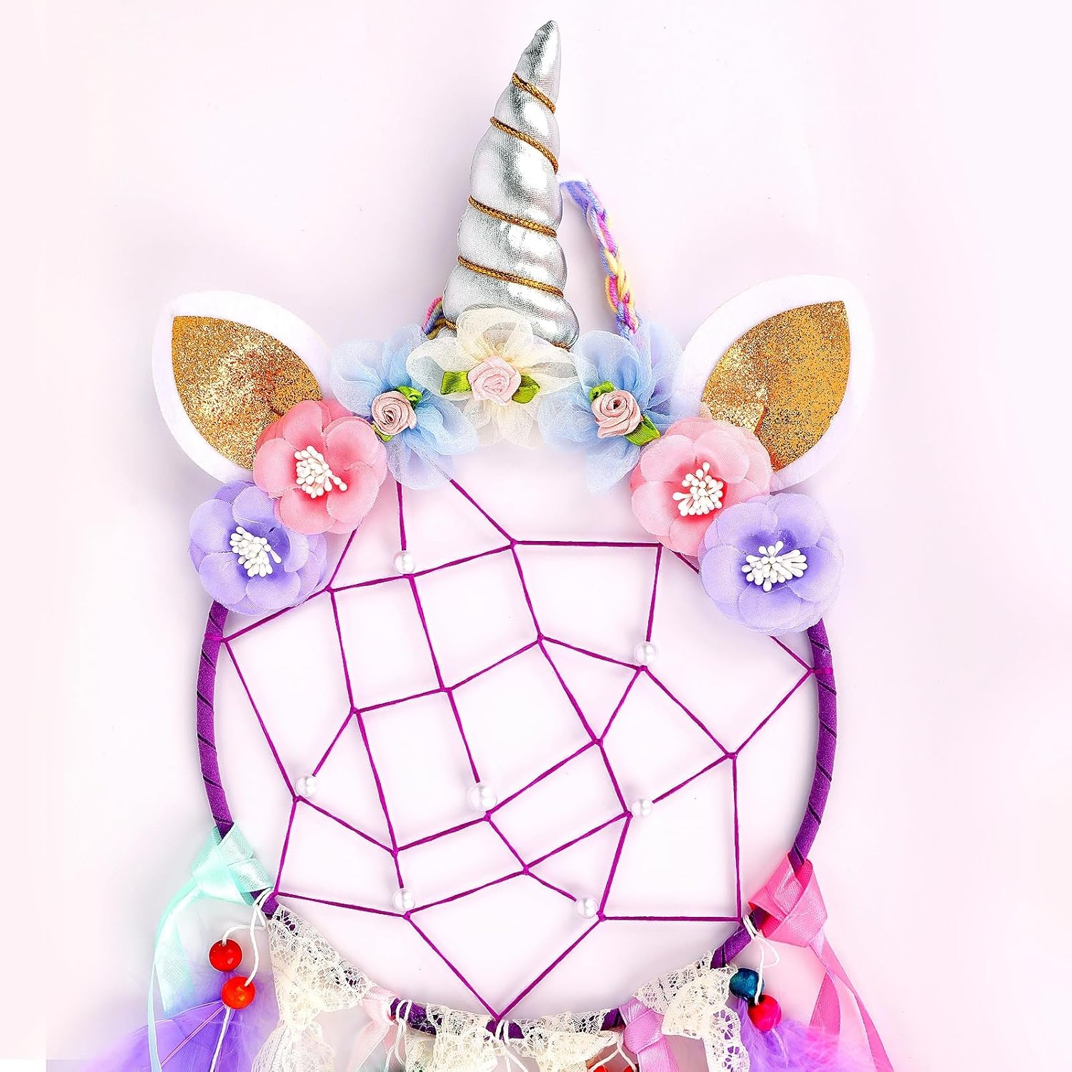 Taefuhnn Unicorn Dream Catcher Wall Hanging Ornament with Colorful Feathers Beads for Baby Girls Bedroom Decor, Purple Unicorn Dream Catcher for Home Decor Handmade Crafts Baby Shower Festival Gift