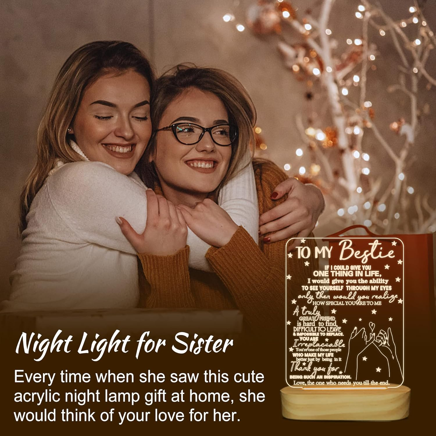 To My Bestie Gifts, Friends Night Light for Best Friend Sister Boys & Girls Women BFF Birthday Holiday Friendship, Soft Warm White Colors LED Wooden Table Lamp image number 6