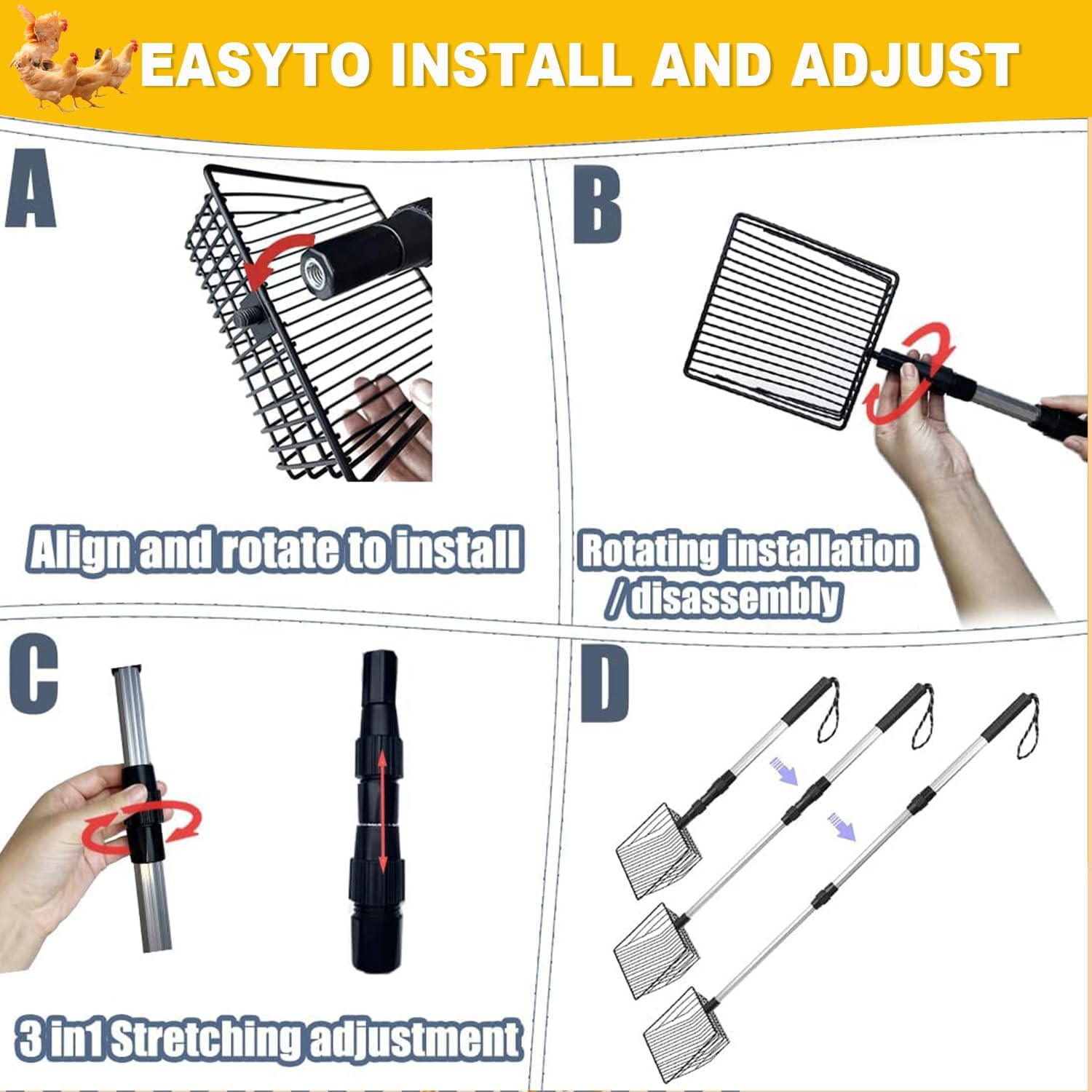 IONPSHG Chicken Poop Scooper 5.9Inch 3 in 1 Stretchable Chicken Poop Scooper Chicken Coop Accessories Sifting Shovel for Chicken Coop Chicken Litter Scoop Supplies Separating Poo and Debris from Sand image number 3