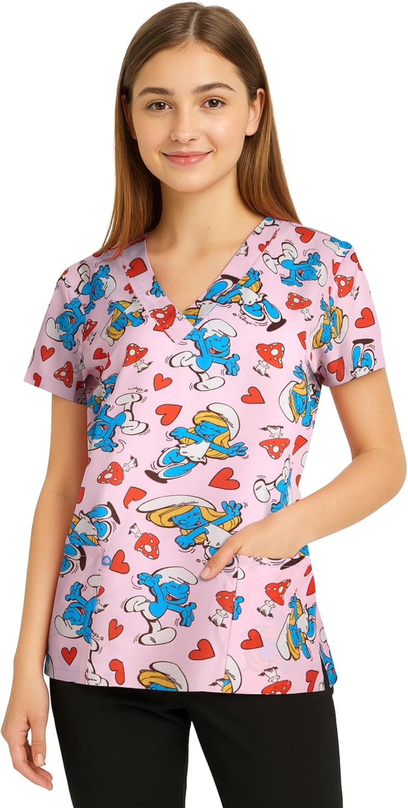 COCO BRANDS Smurfs Womens Scrub Tops - Short Sleeve V-Neck Printed Scrub Tops Women Uniform Shirts with Side Pockets (S-2XL)