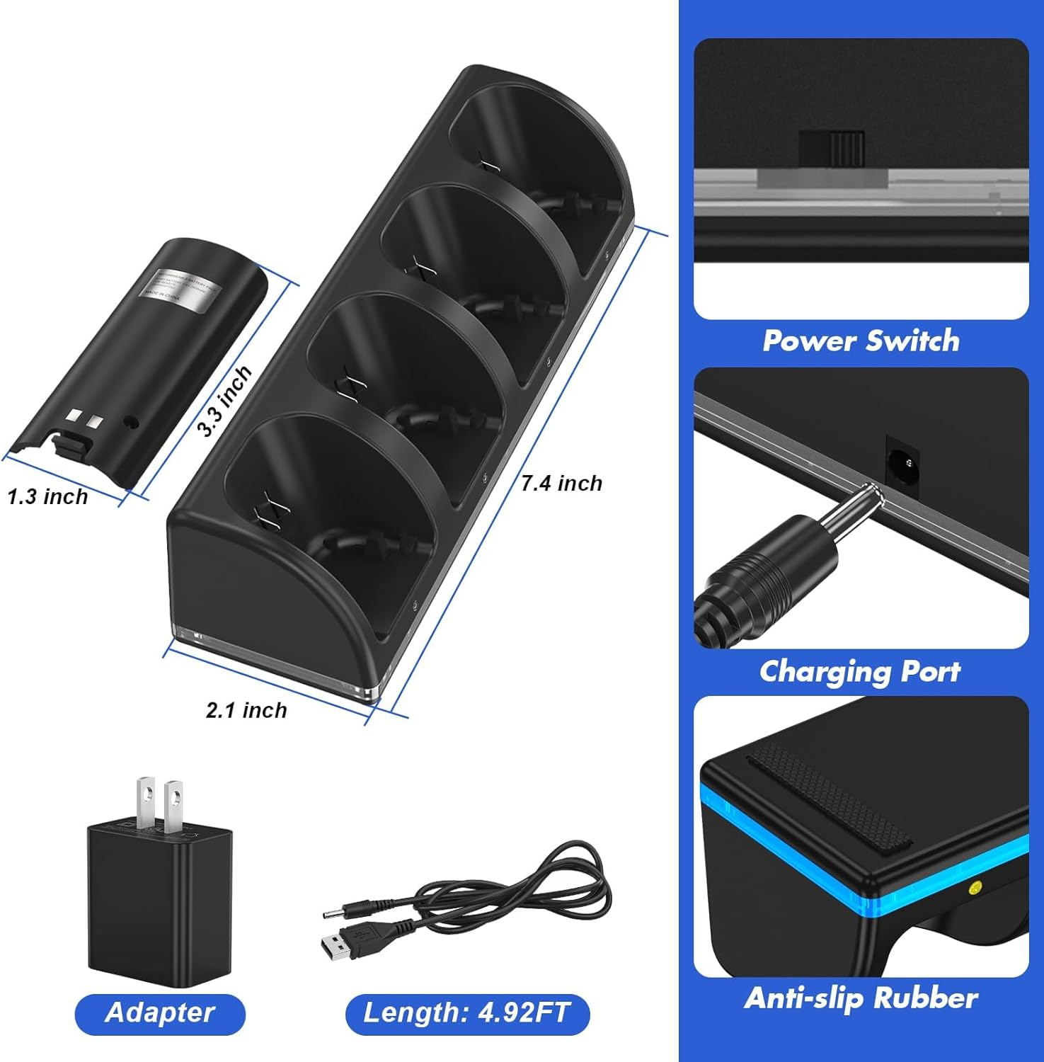 Remote Controller Charger for Wii/Wii U with 4 Pack 2800Mah Rechargeable Battery Pack, 4 Port Charging Station for Wii Controller, Remotes Are Not Included image number 3
