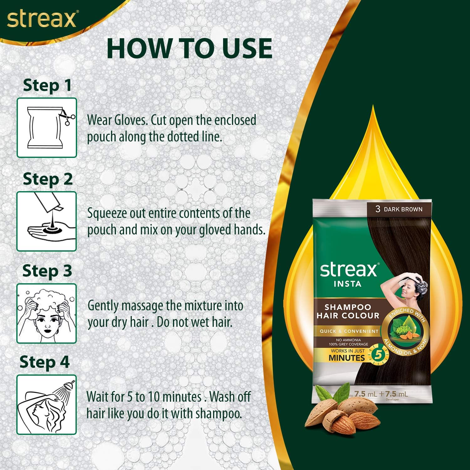 Streax Insta Shampoo Hair Colour for Men & Women | Enriched with Almond Oil & Noni Extracts | Long-Lasting Instant Colour | Dark Brown, 15 Ml (Pack of 24) image number 6