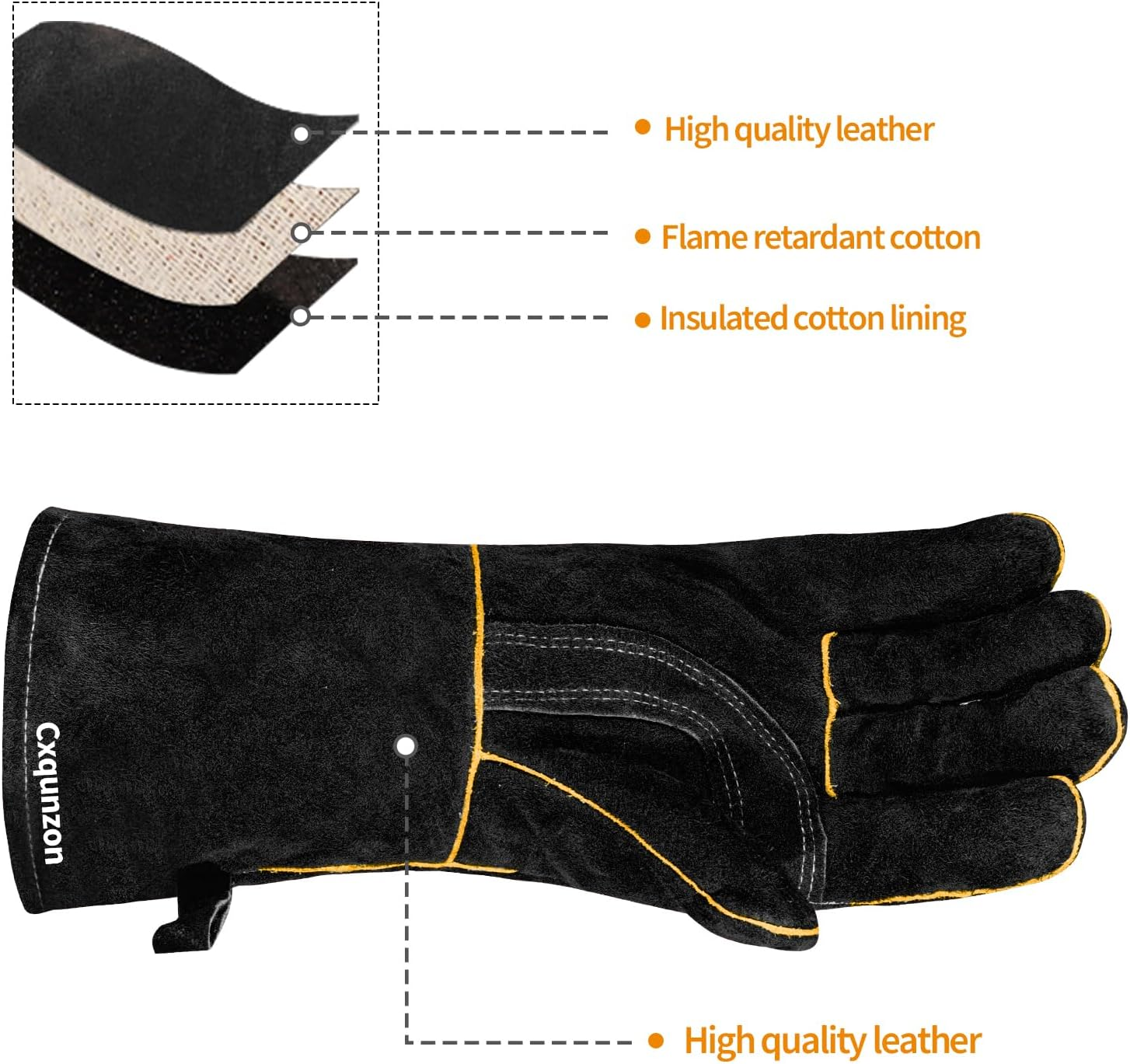 Leather MIG Welding Gloves - Heat Fire Resistant for Welding/Grilling/Bbq(Black/Brown/Blue) - Black image number 4