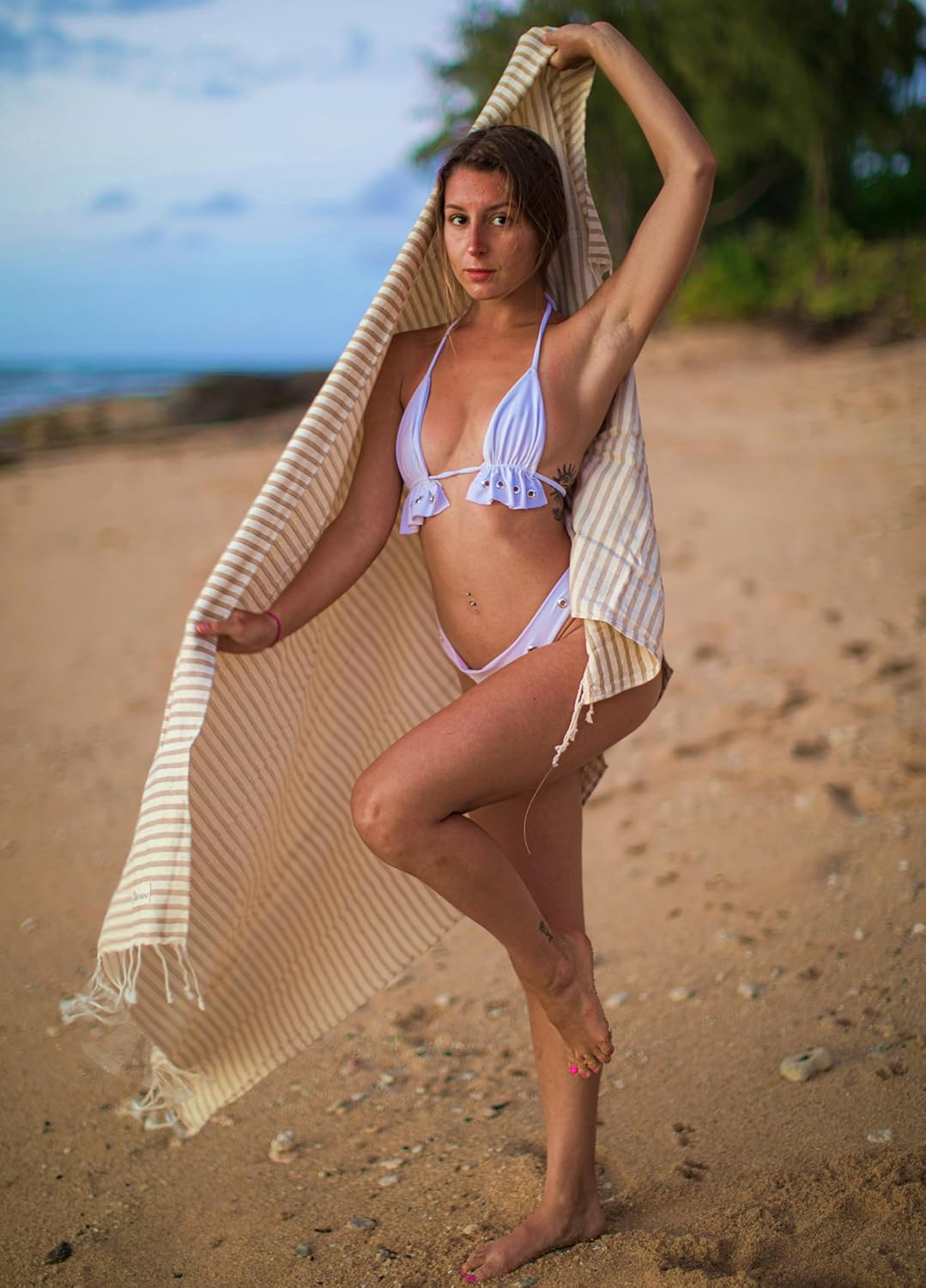 Bersuse 100% Cotton Malibu Turkish Towel - 37X70 Inches, Beige - Beige image number 2