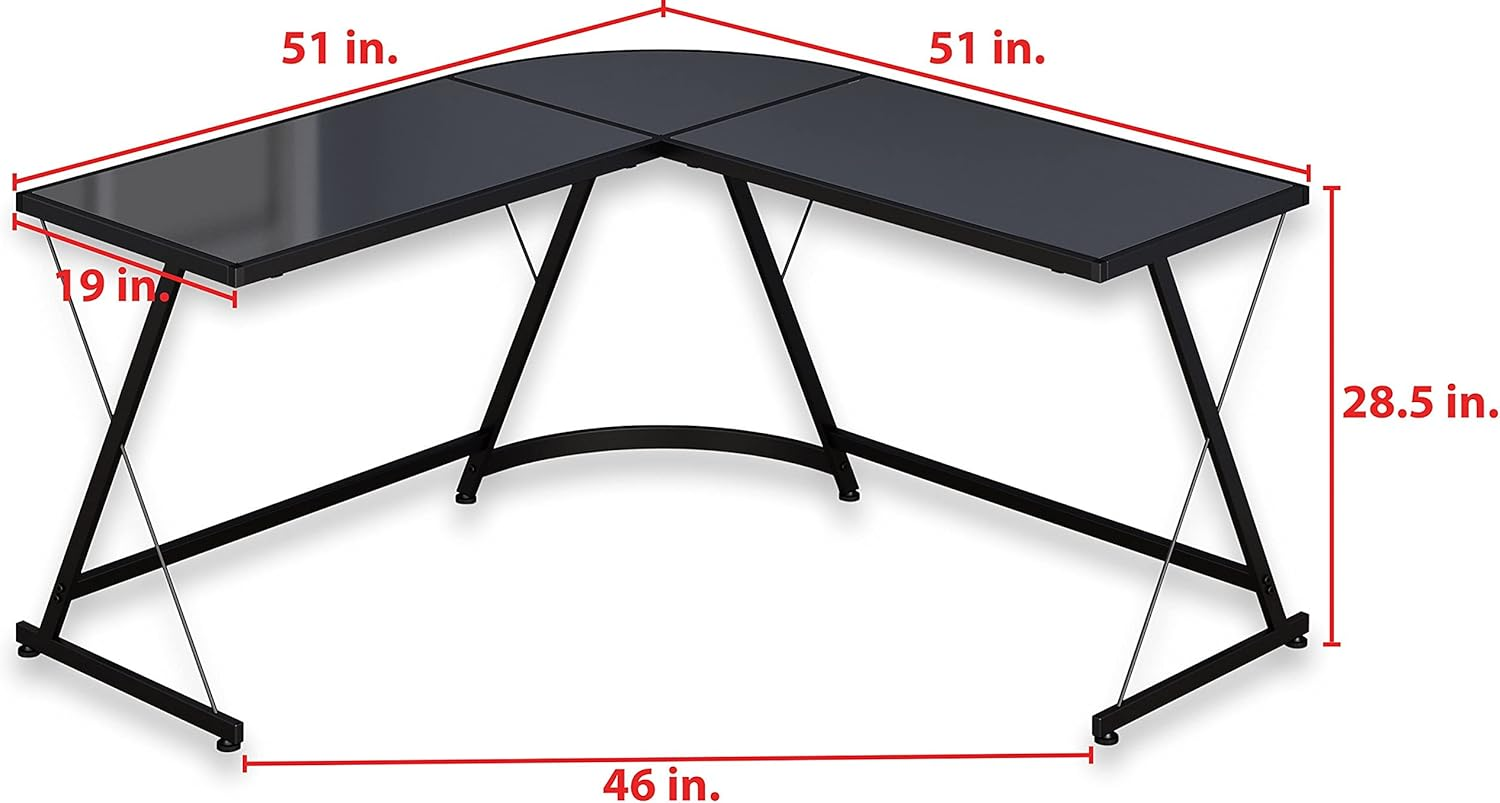 SHW Tempered Glass Gaming L-Shaped Computer Desk, Black image number 2