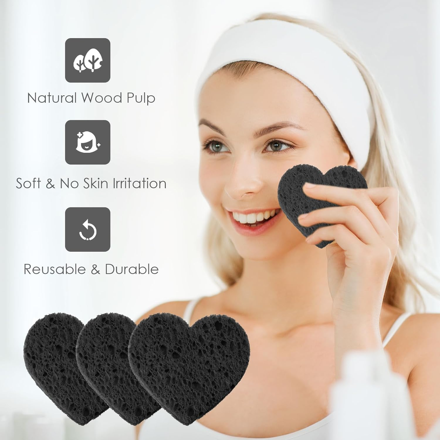Nuenen 60 Pieces Facial Sponges with Container, Heart Shape Compressed Face Sponges Natural Cleaning Pads for Washing Face Cleaning Exfoliating Esthetician Makeup Removal(Black)