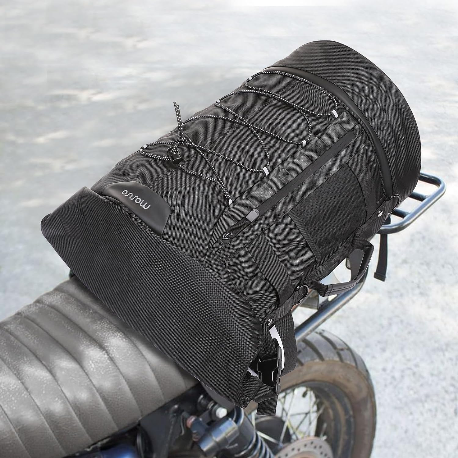 MOSISO Motorcycle Sissy Bar Backrest Bag Travel Luggage, Large Capacity Duffle Expandable 30L-48L, Motorcycle Gear Tail Bag with Rain Cover&Shoulder Strap, Black