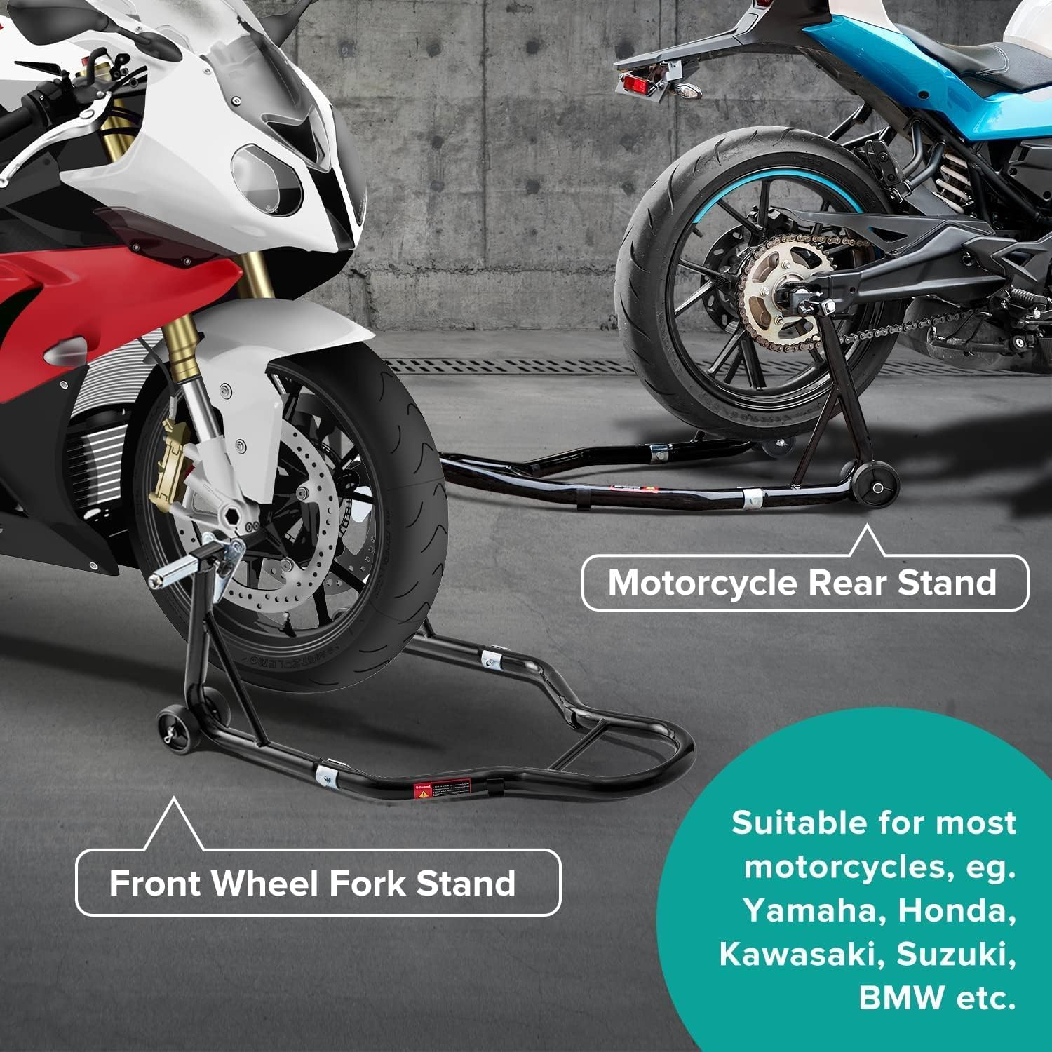Motorcycle Stand Lift, 850Lbs Front Rear Combo Stand Lift Stand, Front Wheel Fork Stand, Rear U+L Fork Swingarm Spool Stand, Compatible with Most Yamaha Honda Kawasaki Suzuki Motorcycles image number 5