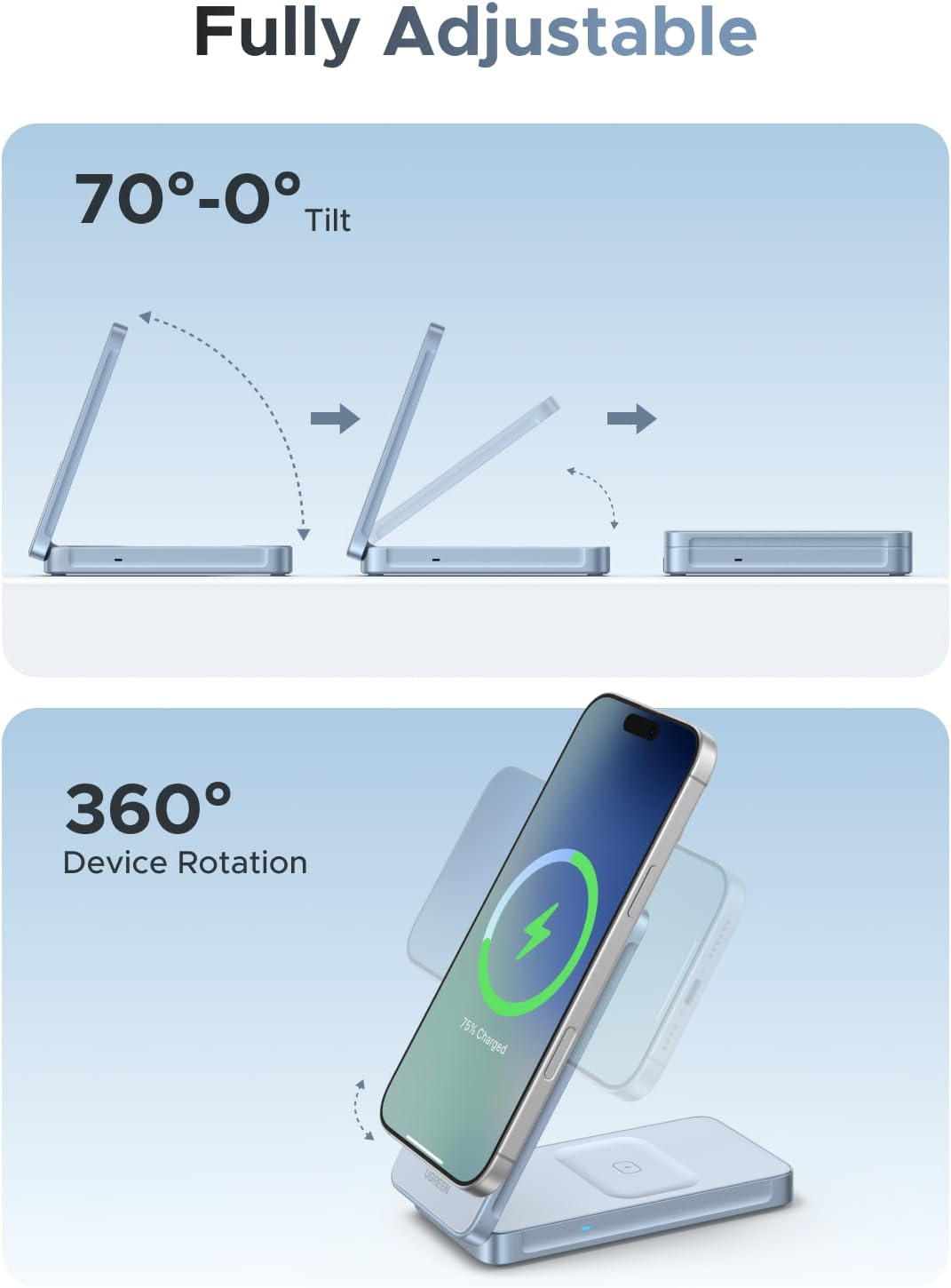 UGREEN Qi2 25W Magflow Foldable 2-In-1 Wireless Charger, Magsafe Fast Charging Pad for Iphone 17/16/15/14/13/12, Airpods, Compact Travel Stand with USB C Cable image number 2