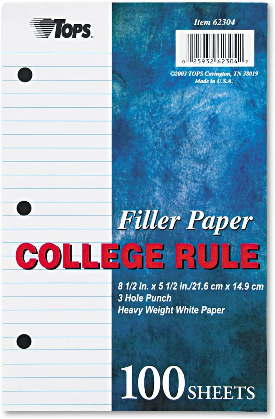 Tops Notebook Filler Paper, College Ruled, 8.5 X 5.5 Inches, Hole Punched, Heavyweight, 100 Sheets/Pack (62304)