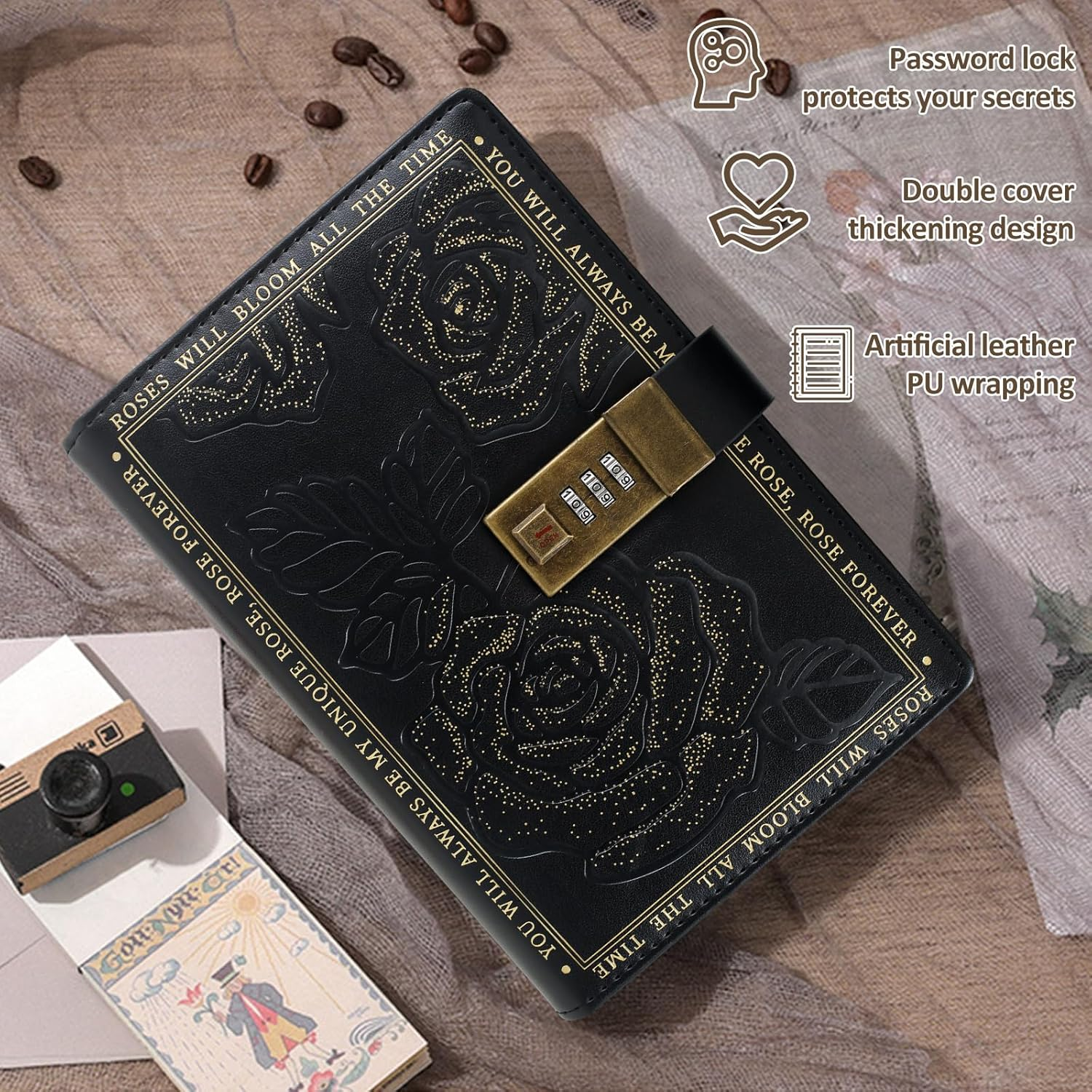 UKQRRTC PU Leather Cover Lockable Journal, Travel Journal, Vintage Locking Notebook, 224 Pages Thick Personal Locking Diary with Combination Passwords for Student Office Staff (Black) image number 1