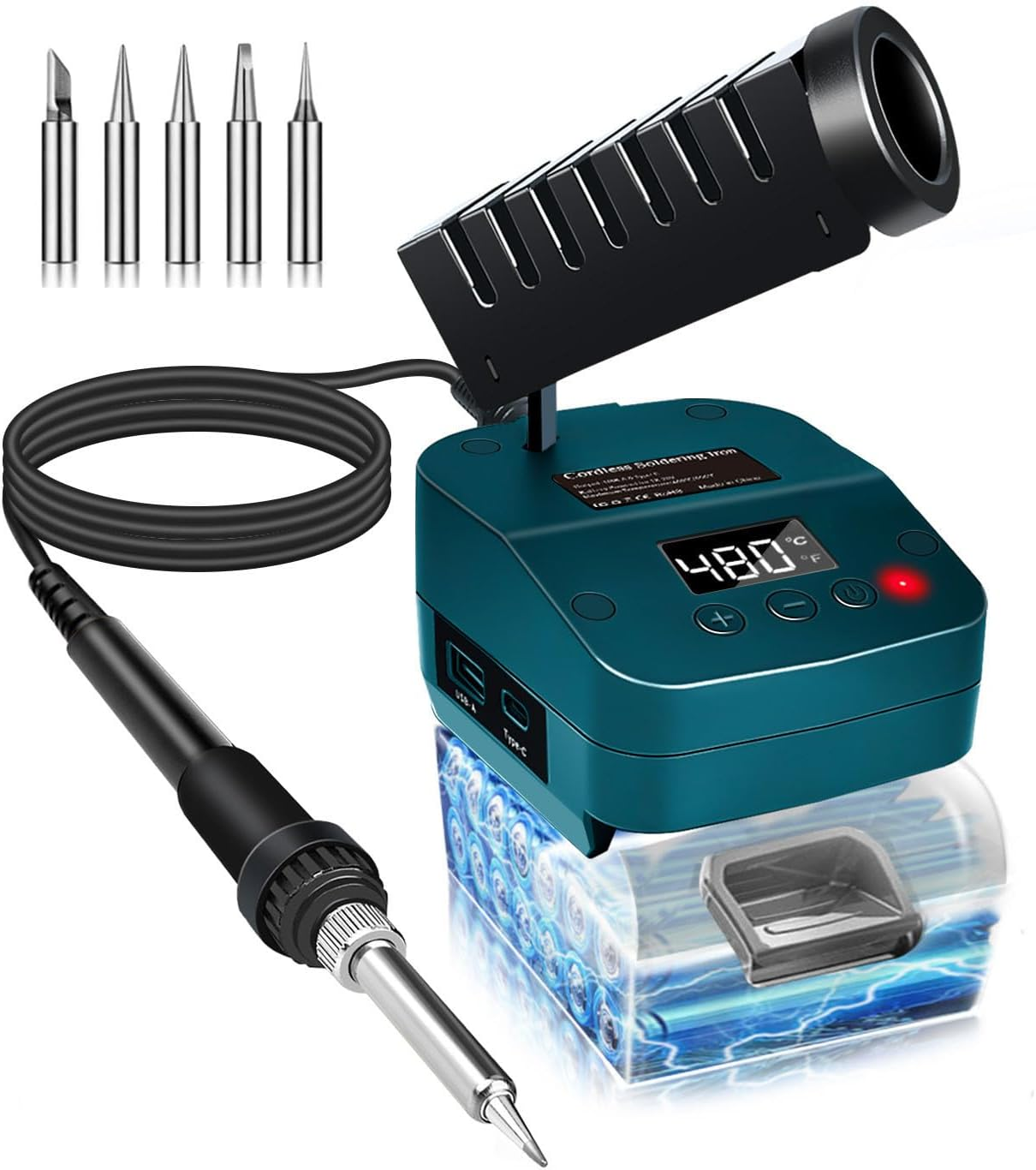 Wireless Soldering Iron for Makita 18 V Battery, Fast Heating, Electric Digital LCD Soldering Station with USB and Type C Charging Ports, Portable Adjustable Soldering Iron Set for DIY Enthusiasts