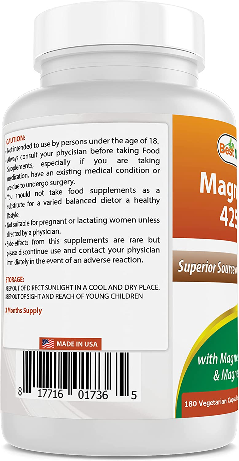 Best Naturals Magnesium 425 Mg 180 Veggie Capsules - High Absorption Magnesium Glycinate & Magnesium Oxide Chelated, Non-Gmo, Gluten Free Muscle Relax (180 Count (Pack of 2)) image number 6