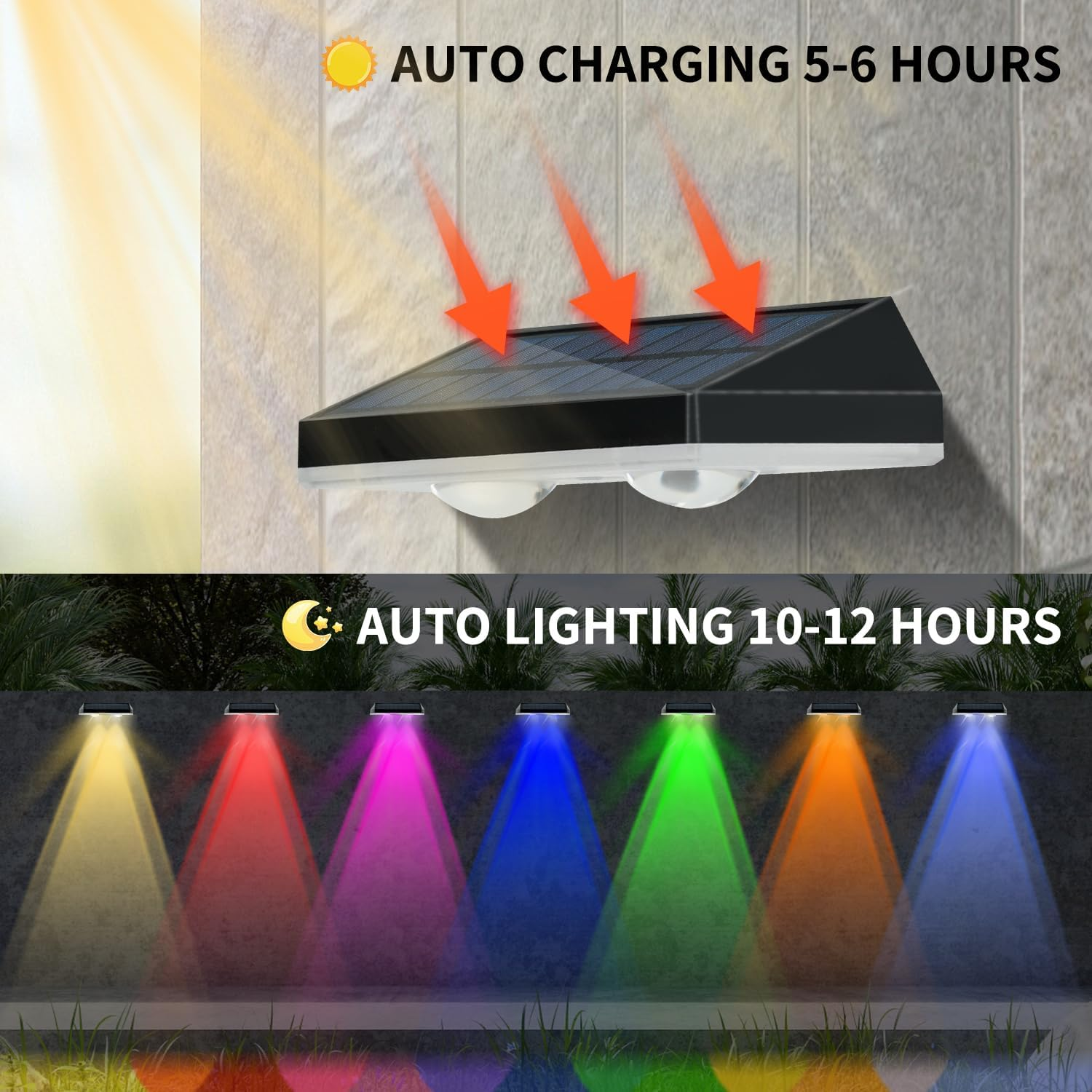 Solar Fence Lights Outdoor Garden, 8 Modes Solar Wall Lights Warm White & RGB Colors Waterproof Solar Lights for Outside, Backyard, Patio, Deck, Stair, Step, Railing (6 Pack) image number 2