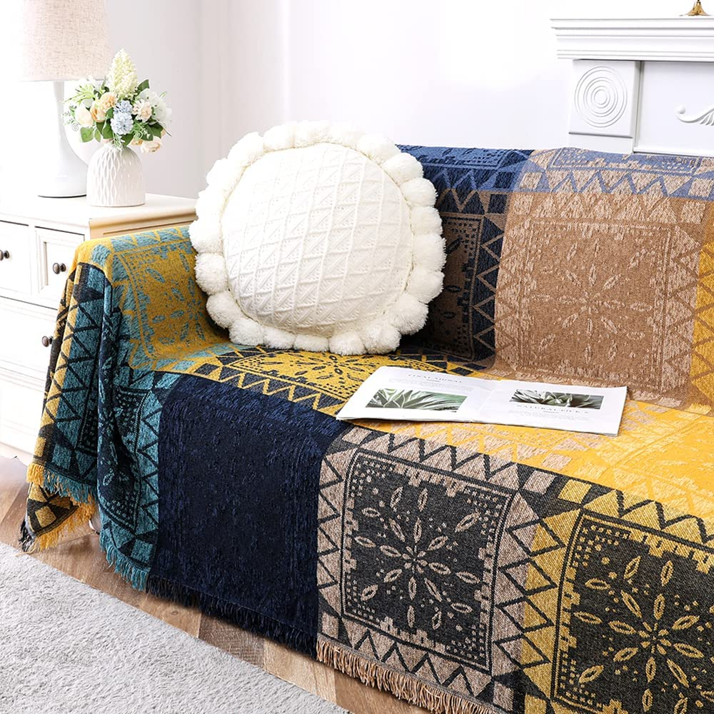 H.VERSAILTEX Boho Couch Cover Bohemian Cotton Sofa Cover Sofa Throw Cover for Couches Washable Sofa Couch Covers for Dogs Feature Hippie Chenille Jacquard Fabric(230Cm X 340Cm, Xx-Large, Yellow Navy) image number 4