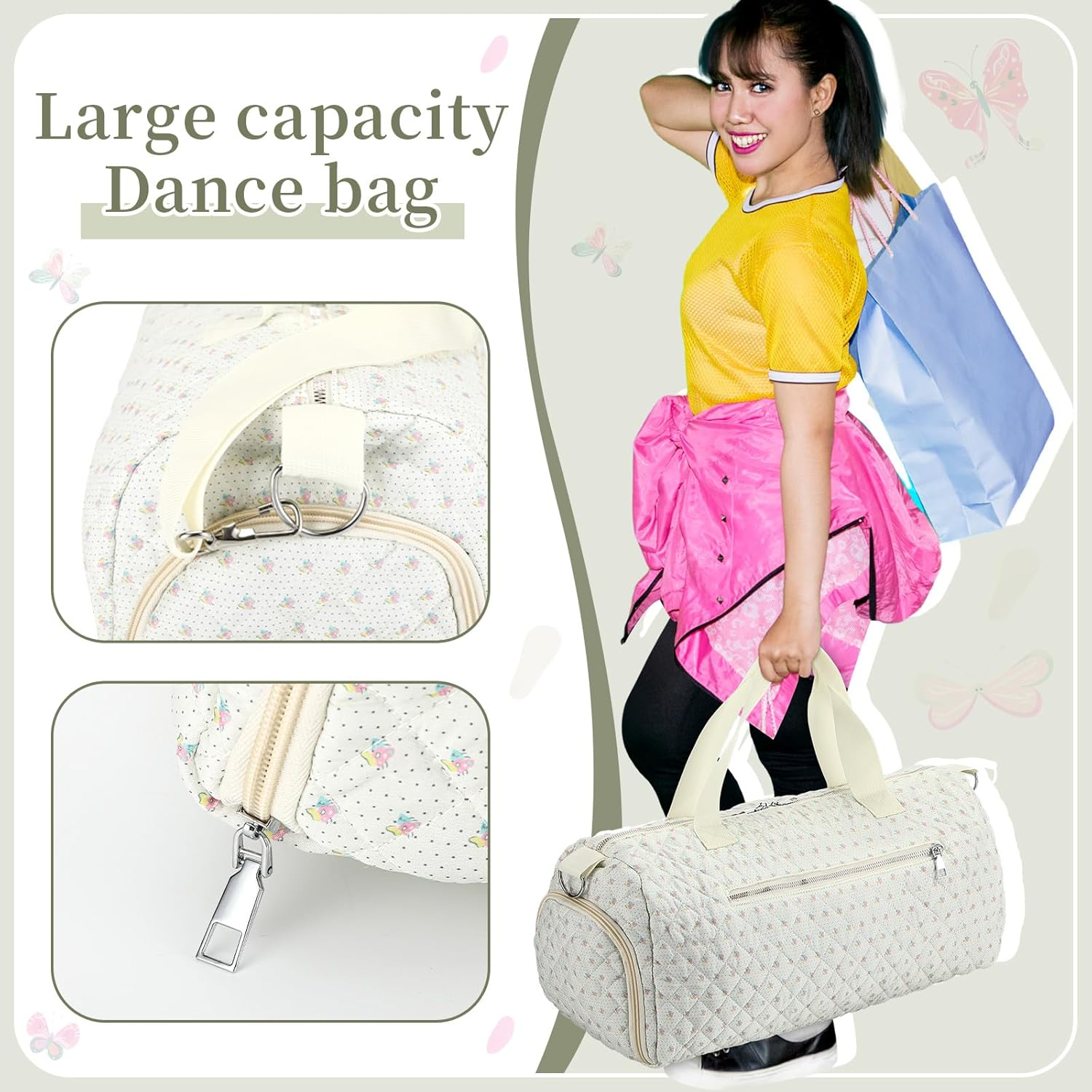 Dansydaisy Quilted Duffle Bag for Women Cotton Dance Bag with Adjustable Carry Strap and Handy Pouch Floral Backpack for Dancers, Colorful, 18.9 X 9.45 X 8.66 Inches / 48 X 24 X 22 Cm, Colorful Floral