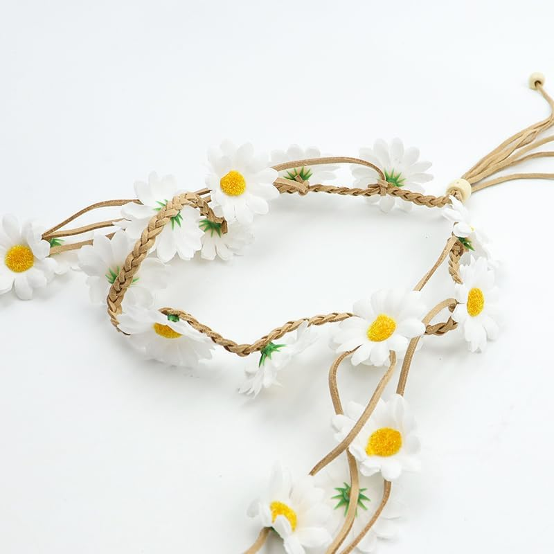 ANCLLO Daisy Hair Accessories Bohemian Daisy Headband Sunflower Crown Adjustable Tassel Hair Scrunchie Flower Headband Travel Flower Headpiece Women Cosplay Costume (White)