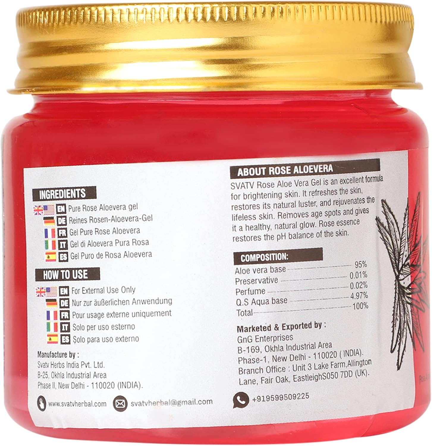 SVATV Rose Aloe Vera Gel | Reduces Skin Redness | Improves Skin Tone | Reduces Dark Spots | Replenishes Skin Cells | Paraben & Sulfate Free - 200G | 7.05 Oz | 0.44 Lbs image number 1