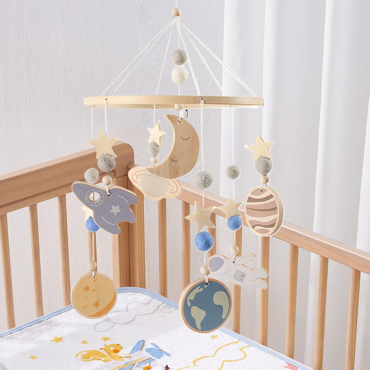Baby Crib Mobile | Wooden Nursery Ornaments | Space Crib Mobile 360 Degree Rotatable for Soothing Calming Visual Stimulation Play Nursery Night Travel image number 3