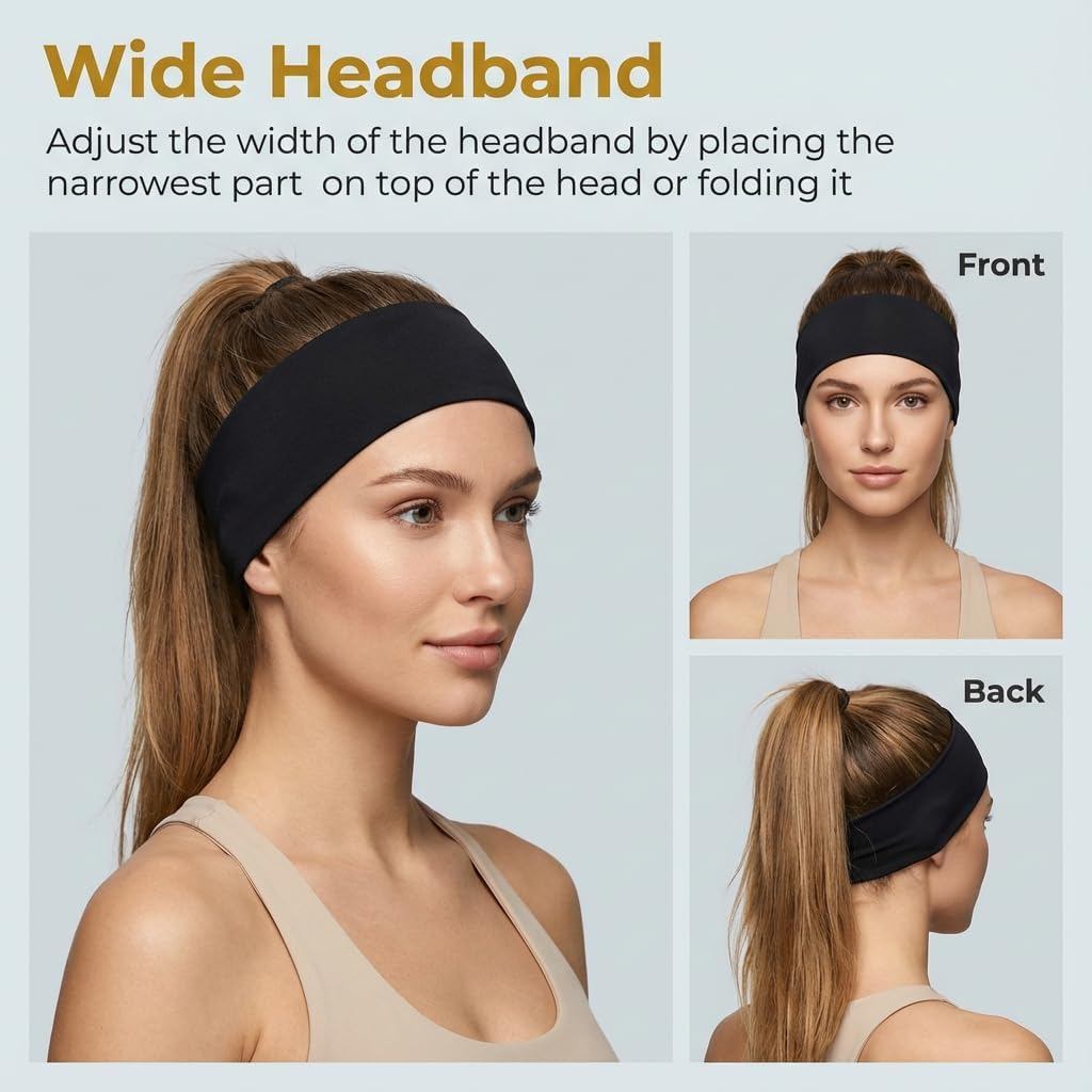 3 Pack Wide Headbands for Women Men - 6Cm Stretchy Sweatband, Non-Slip Soft Sports Head Band for Running Gym Yoga Workout Fitness image number 4