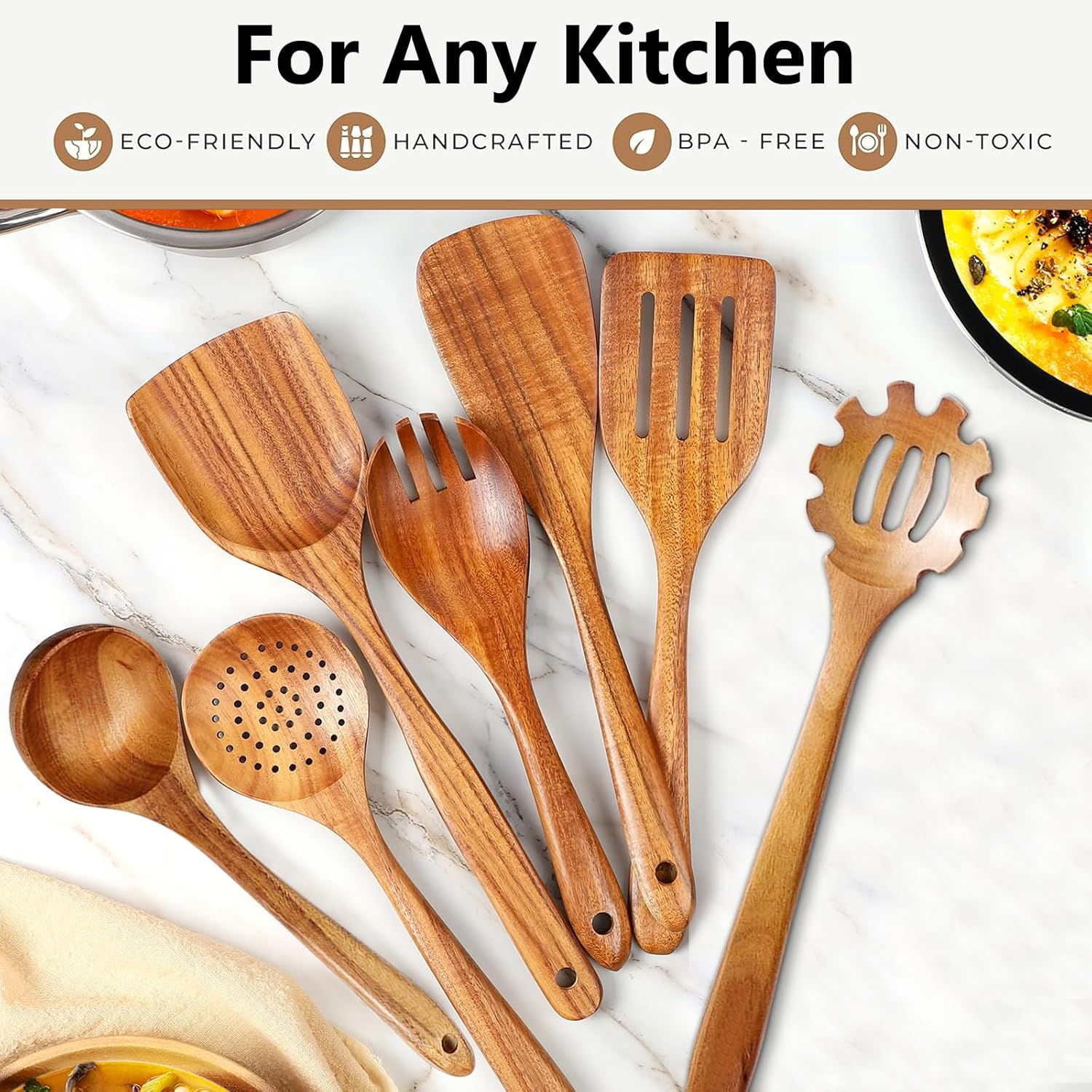 CATZONS Wooden Spoons for Cooking, Teak Wooden Kitchen Utensil Set - with Holder & Spoon Rest, Smooth Finish Comfort Grip Teak Wooden Spatula Set, 7 PCS Set image number 5