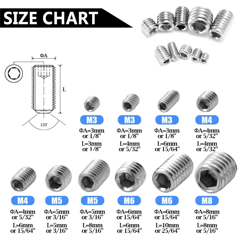 Yakamoz Allen Head Screw, Set of 200Pcs M3 M4 M5 M6 M8 Hex Allen Head Socket Grub Screw Stainless Steel Cup Point Metric Screws Assortment Fasteners Kits image number 2
