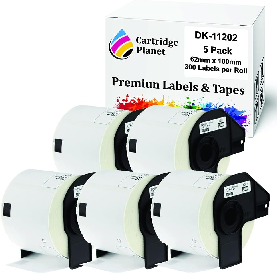 Cartridge Planet 5 Pack Compatible Label Roll for Brother DK-11202 DK11202 62Mm X 100Mm 300 Labels per Roll for Brother QL1050 QL1050N QL1060N QL1100 QL1110NWB QL500 QL550 QL570 QL580N QL650TD QL700 QL720NW QL800 QL810W QL820NWB Label Printer