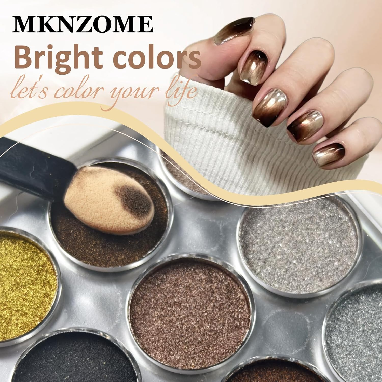 MKNZOME 9 Colors Chrome Nail Powder Palette, Black Gold Brown Silver Metallic Mirror Holographic Powder for Nails, Fine Glitter Nail Art Decoration for Home DIY Salon Manicure Pigment, D image number 2